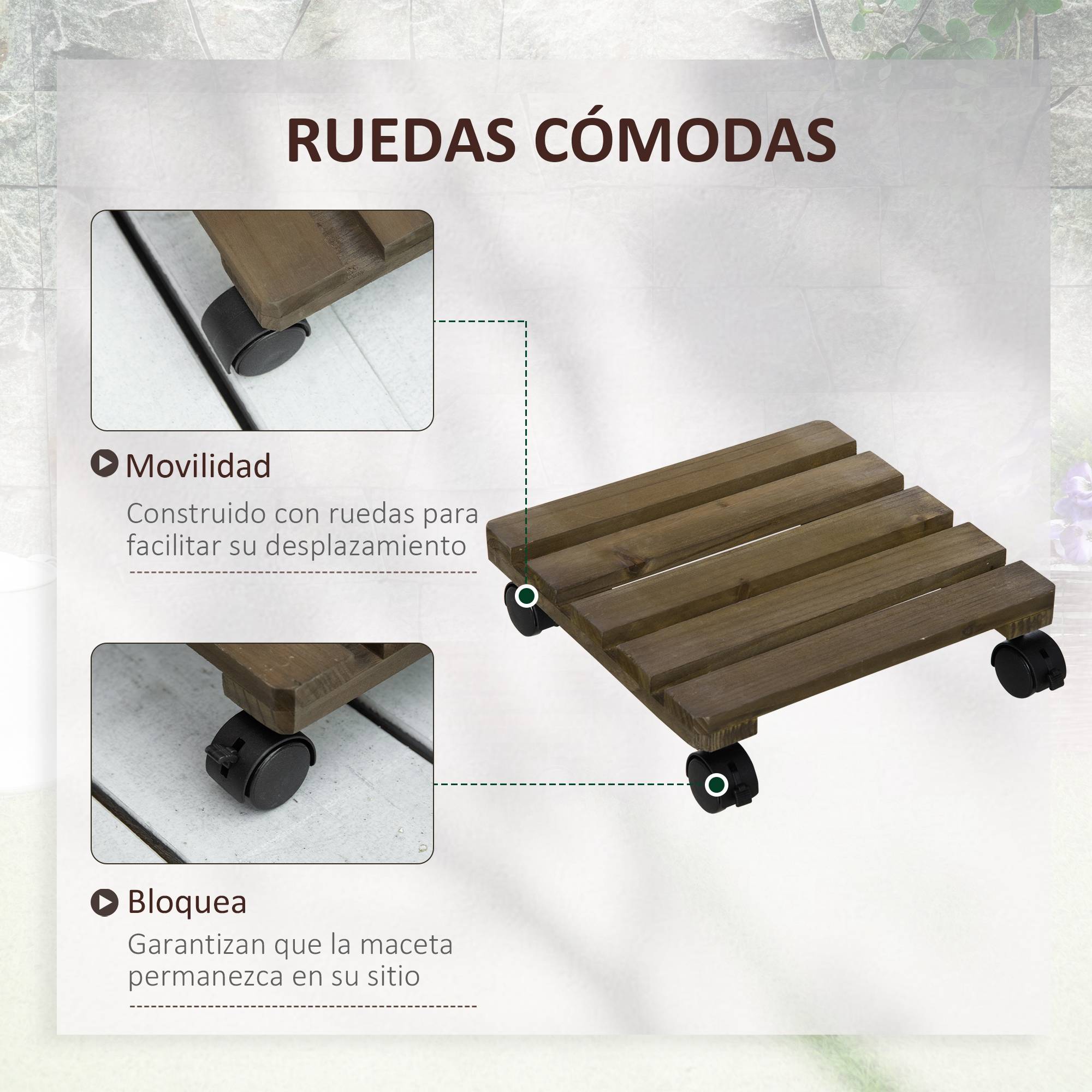 Lot de 2 supports à plantes en bois à roulettes, pour pots d'intérieur/extérieur, capacité de charge 50 kg, marron foncé - Image 6