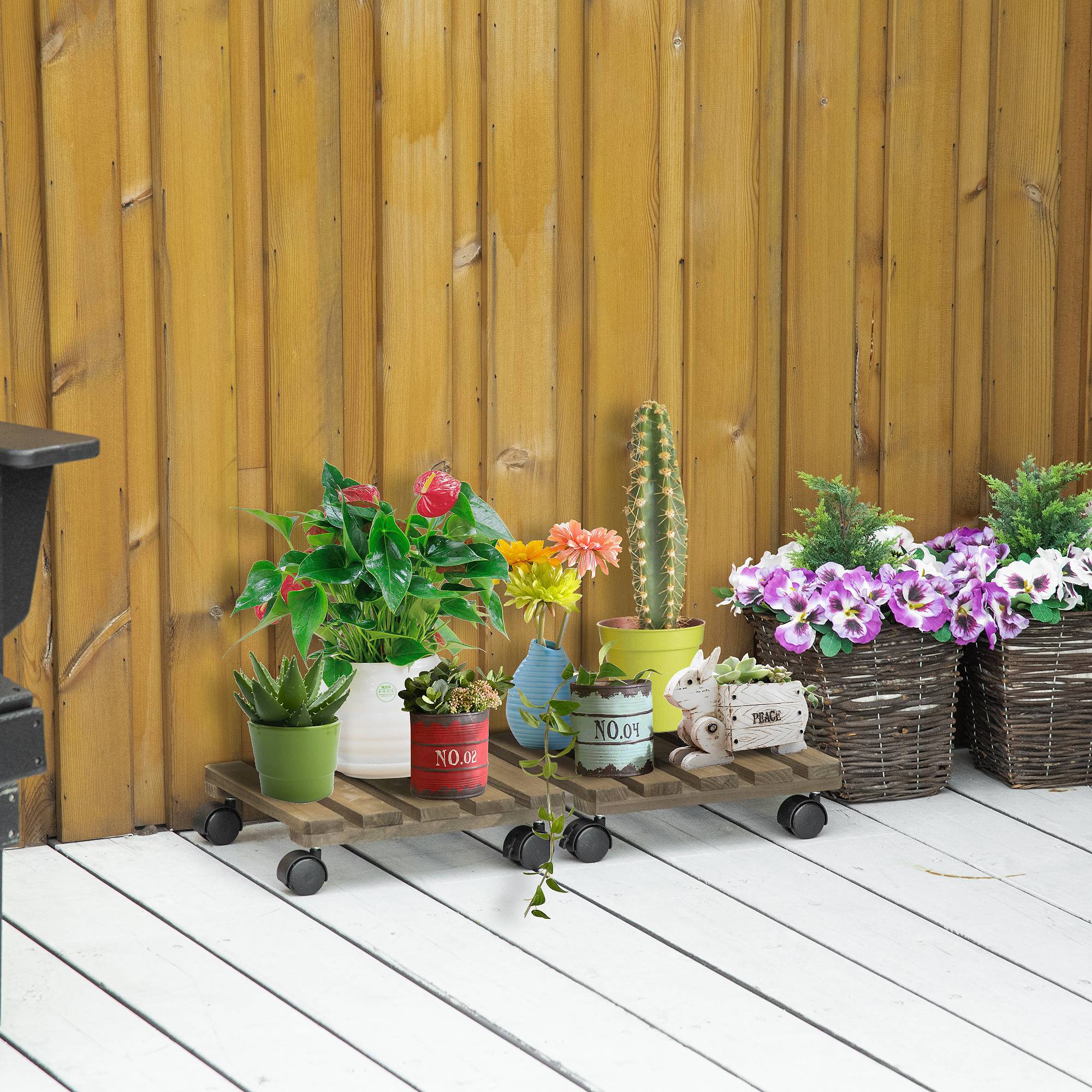 Lot de 2 supports à plantes en bois à roulettes, pour pots d'intérieur/extérieur, capacité de charge 50 kg, marron foncé - Image 3