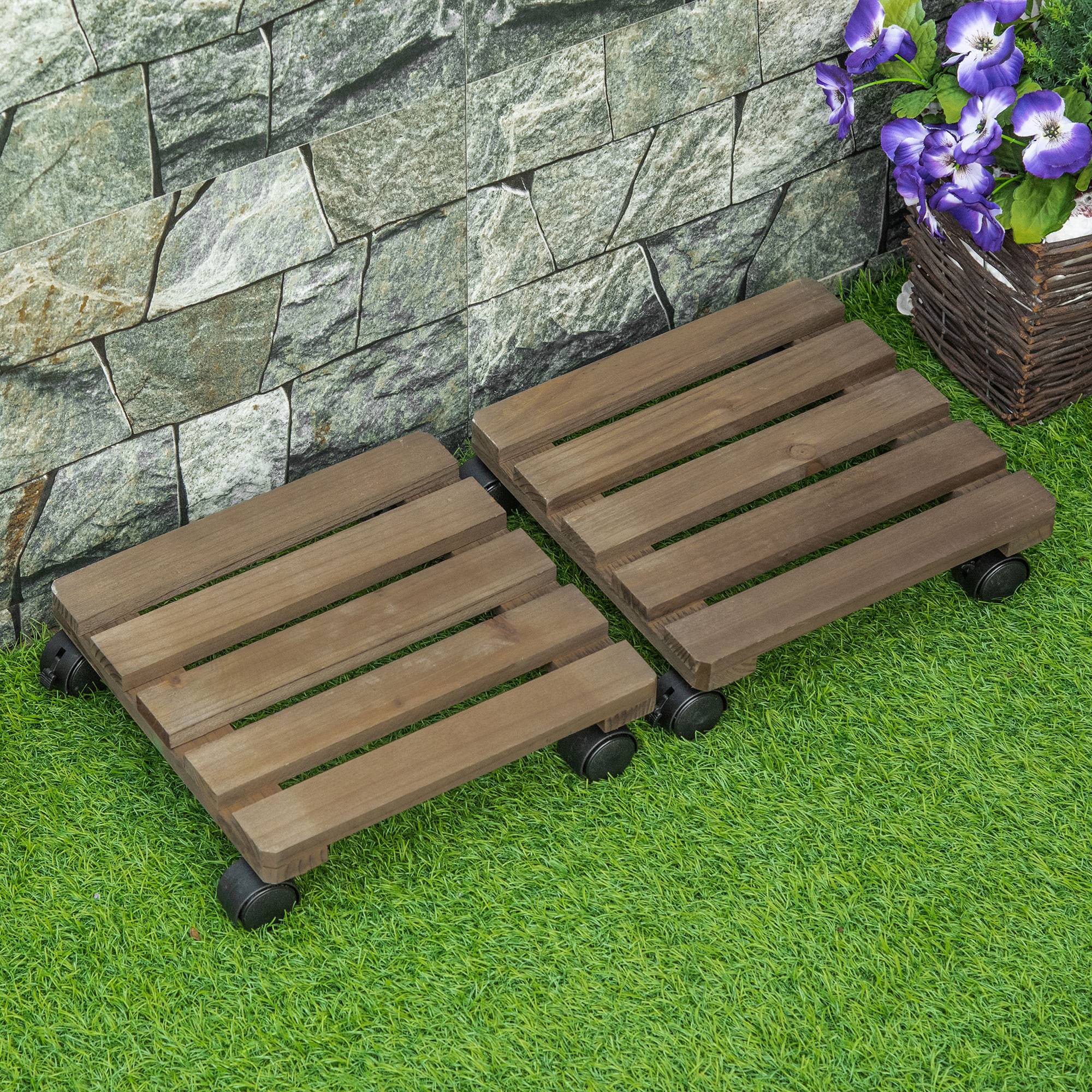 Lot de 2 supports à plantes en bois à roulettes, pour pots d'intérieur/extérieur, capacité de charge 50 kg, marron foncé - Image 9