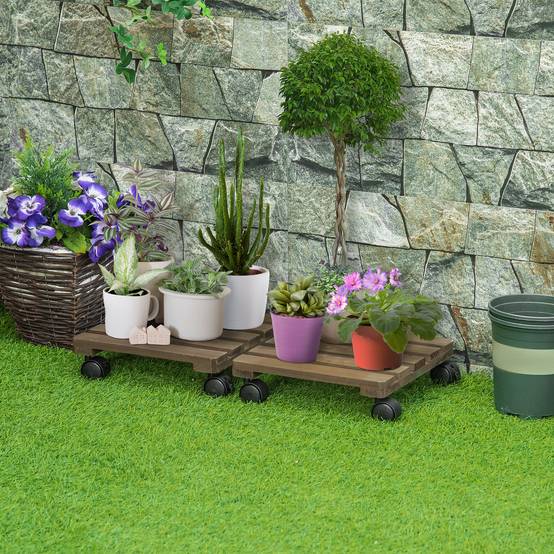 Lot de 2 supports à plantes en bois à roulettes, pour pots d'intérieur/extérieur, capacité de charge 50 kg, marron foncé - Image 4