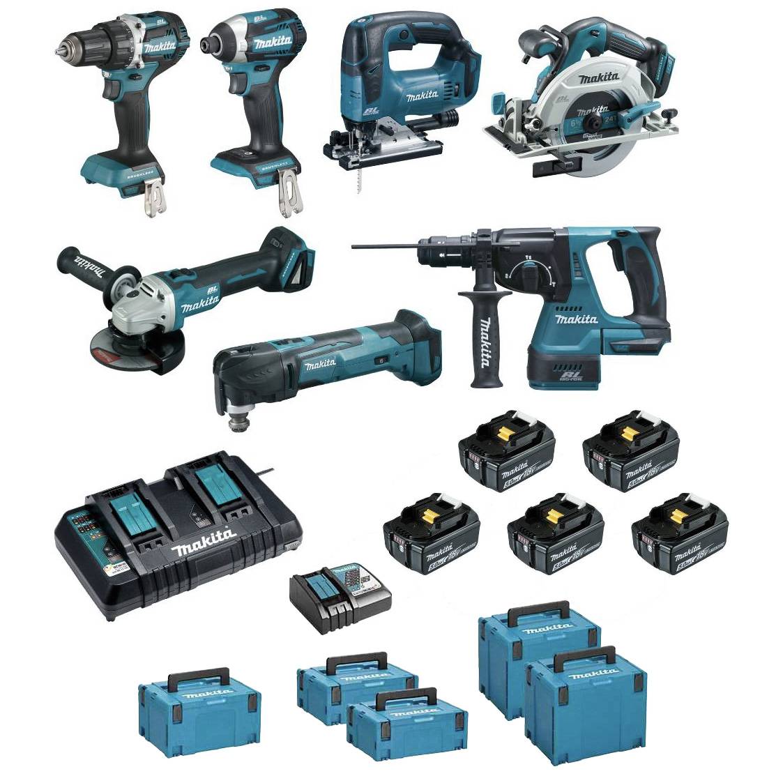 Pack de 7 machines 18V - Perceuse DDF484 + Visseuse DTD154 + Meuleuse DGA506 + Scie DHS680 + Perfo DHR243 + Découpeur DTM51 + Scie DJV182 - MAKITA - a - Image 1