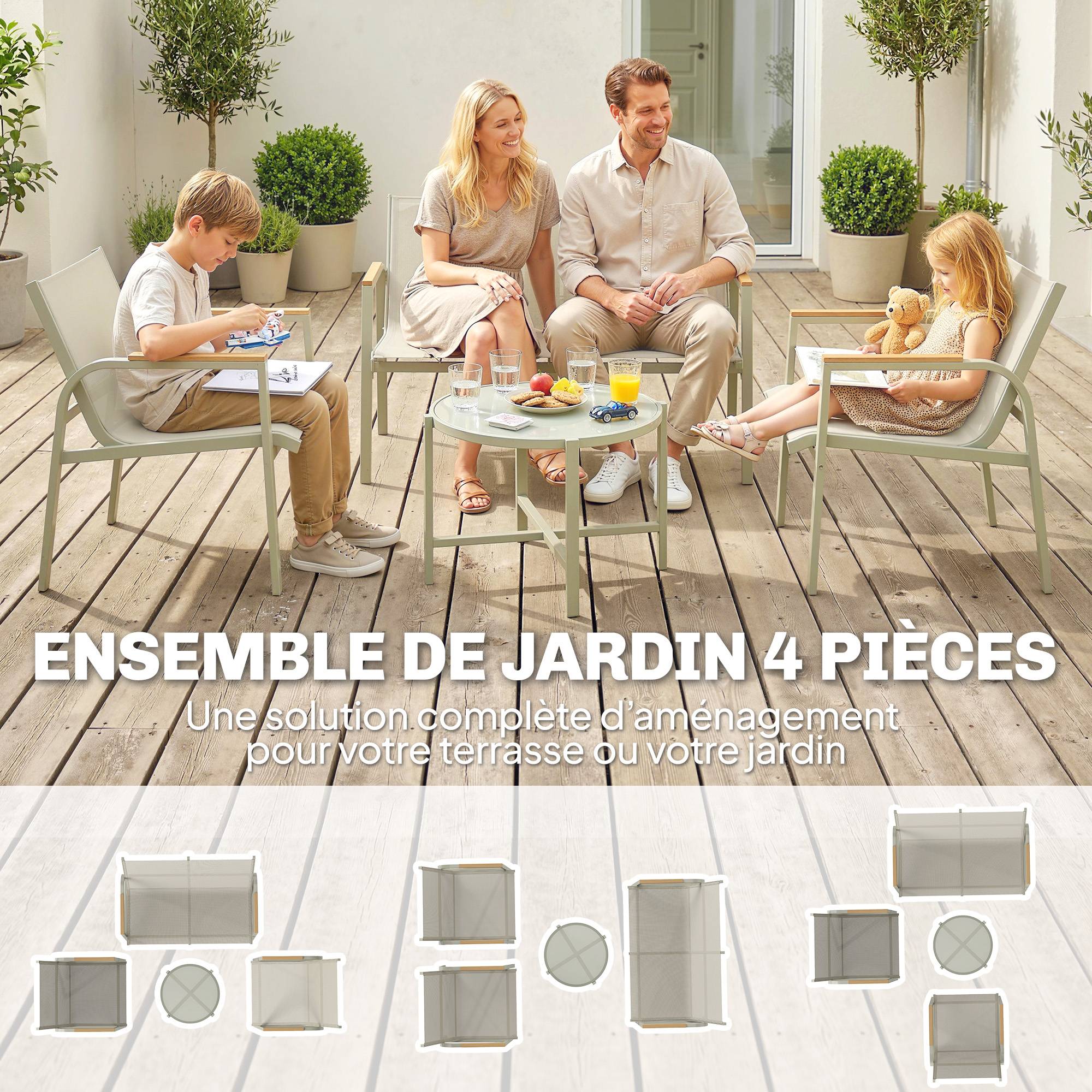 Salon de Jardin Ensemble de Terrasse avec Canapé 2 Places, 2 Fauteuils et Table Basse en Verre Trempé 4 Pièces Vert - Image 6