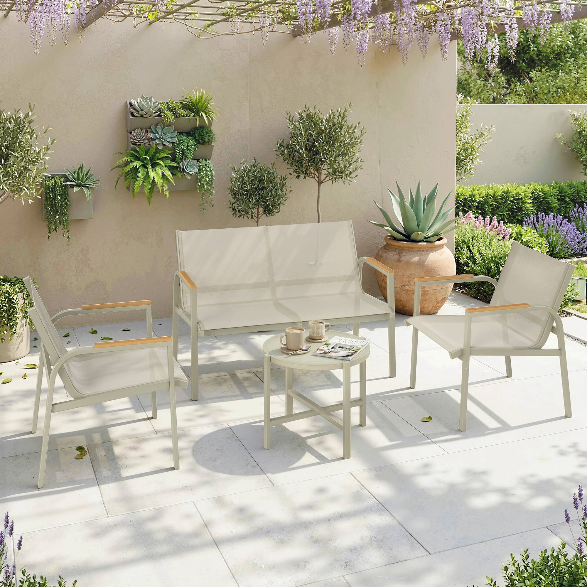 Salon de Jardin Ensemble de Terrasse avec Canapé 2 Places, 2 Fauteuils et Table Basse en Verre Trempé 4 Pièces Vert - Image 3