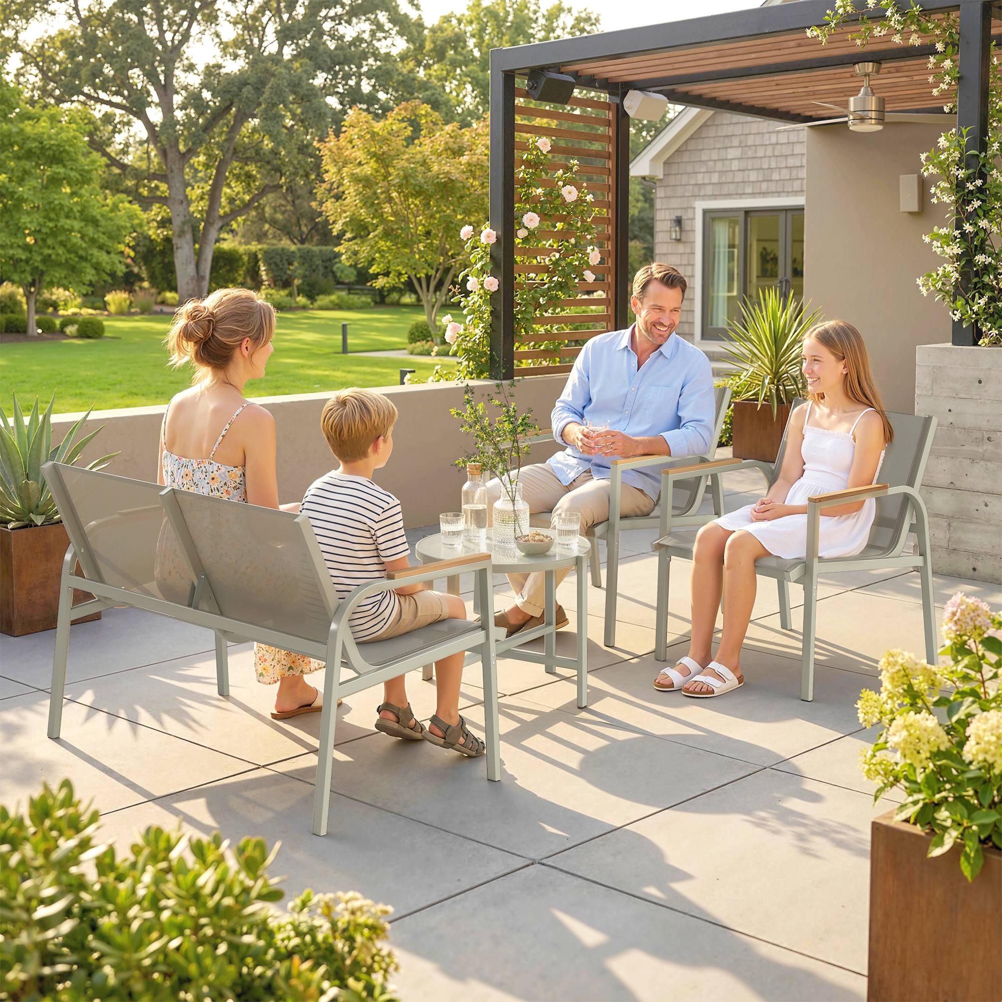 Salon de Jardin Ensemble de Terrasse avec Canapé 2 Places, 2 Fauteuils et Table Basse en Verre Trempé 4 Pièces Vert - Image 10