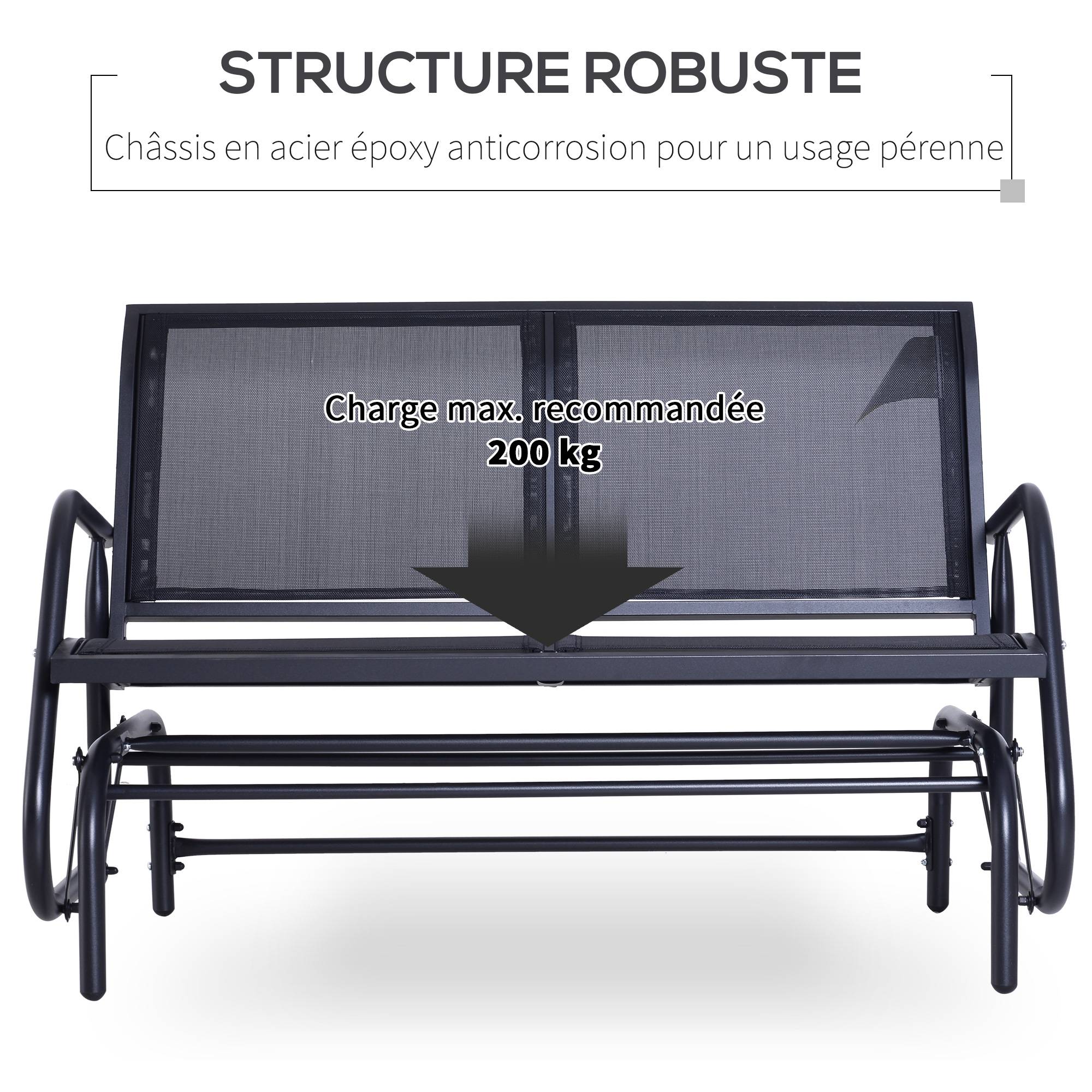 Banc à Bascule de Jardin 2 Places Design Contemporain Grand Confort accoudoirs Assise et Dossier Ergonomique métal textilène Noir - Image 8