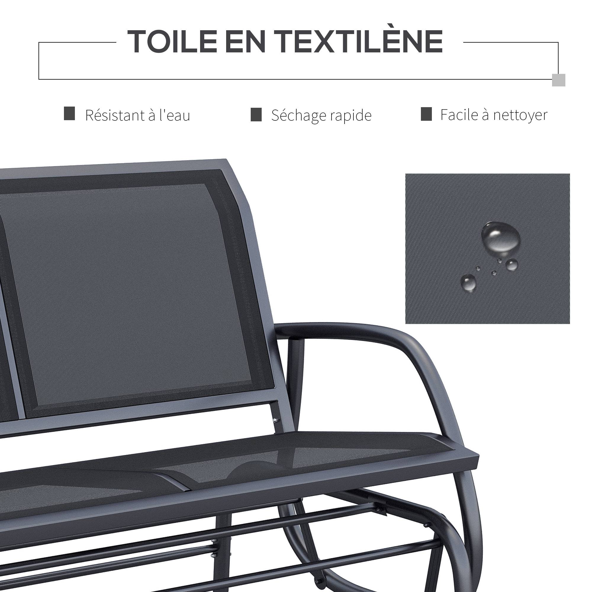 Banc à Bascule de Jardin 2 Places Design Contemporain Grand Confort accoudoirs Assise et Dossier Ergonomique métal textilène Noir - Image 7