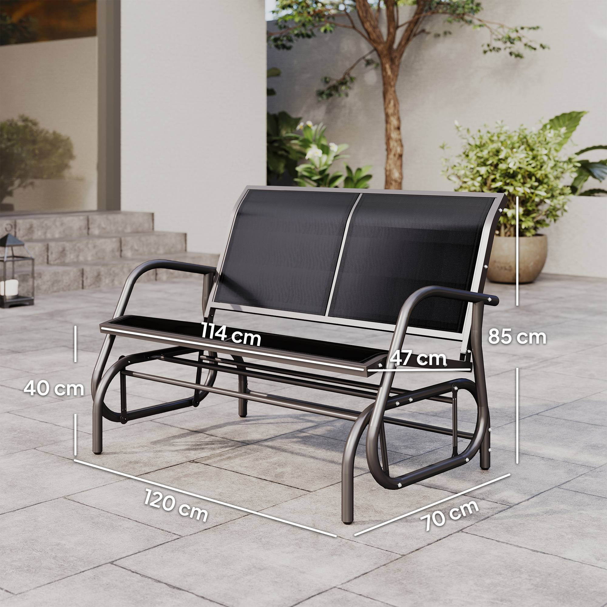 Banc à Bascule de Jardin 2 Places Design Contemporain Grand Confort accoudoirs Assise et Dossier Ergonomique métal textilène Noir - Image 5
