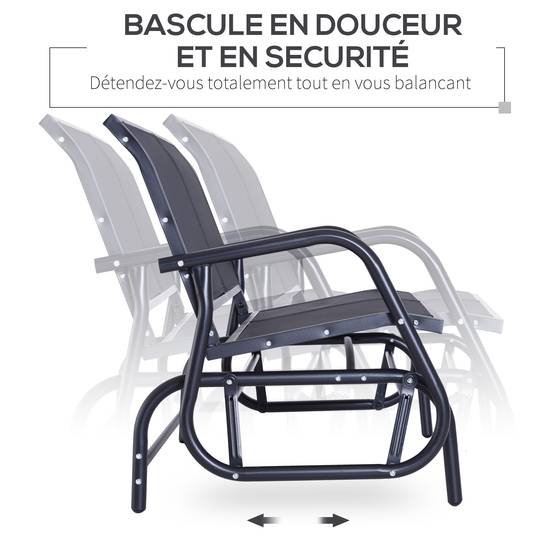 Banc à Bascule de Jardin 2 Places Design Contemporain Grand Confort accoudoirs Assise et Dossier Ergonomique métal textilène Noir - Image 6