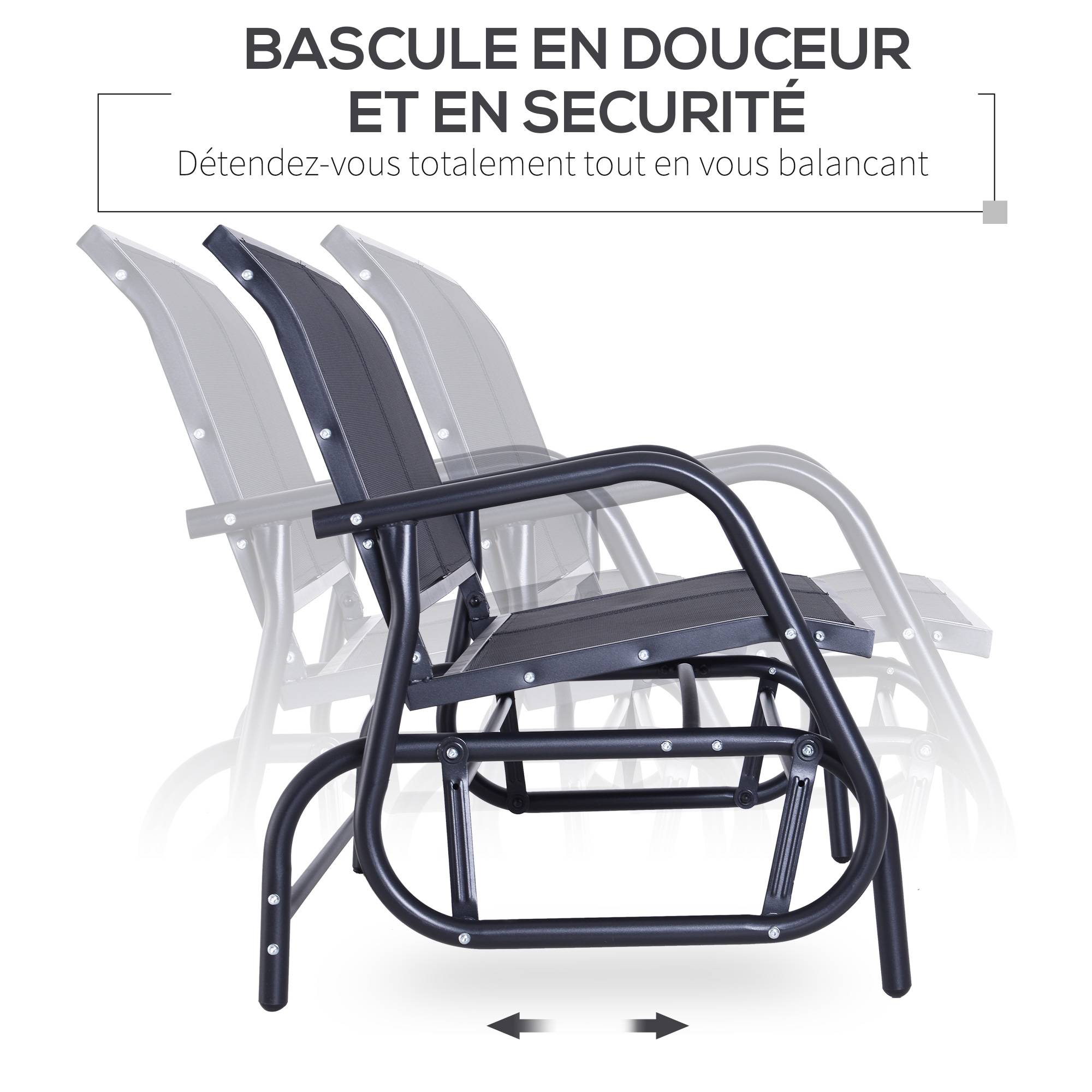 Banc à Bascule de Jardin 2 Places Design Contemporain Grand Confort accoudoirs Assise et Dossier Ergonomique métal textilène Noir - Image 6