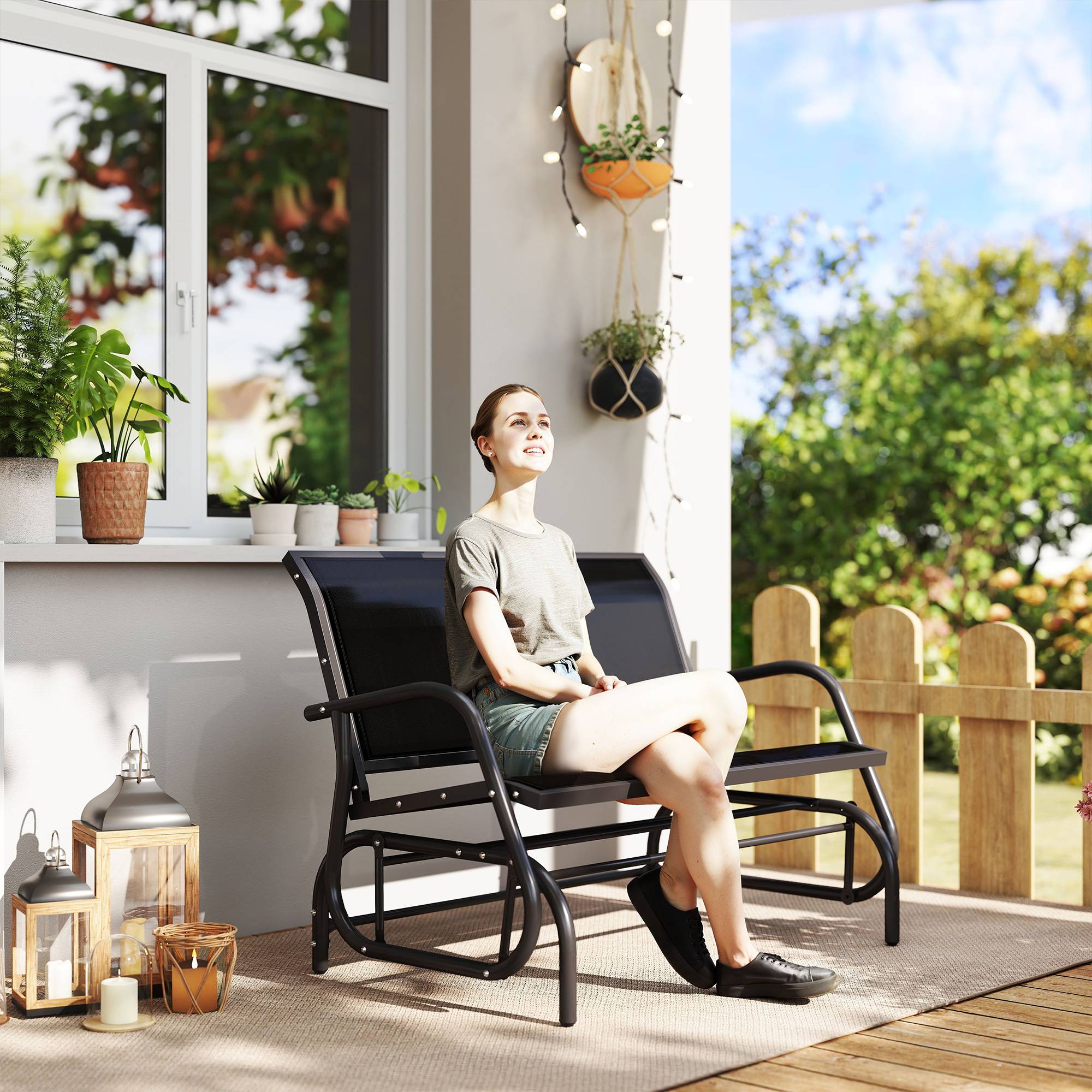 Banc à Bascule de Jardin 2 Places Design Contemporain Grand Confort accoudoirs Assise et Dossier Ergonomique métal textilène Noir - Image 3