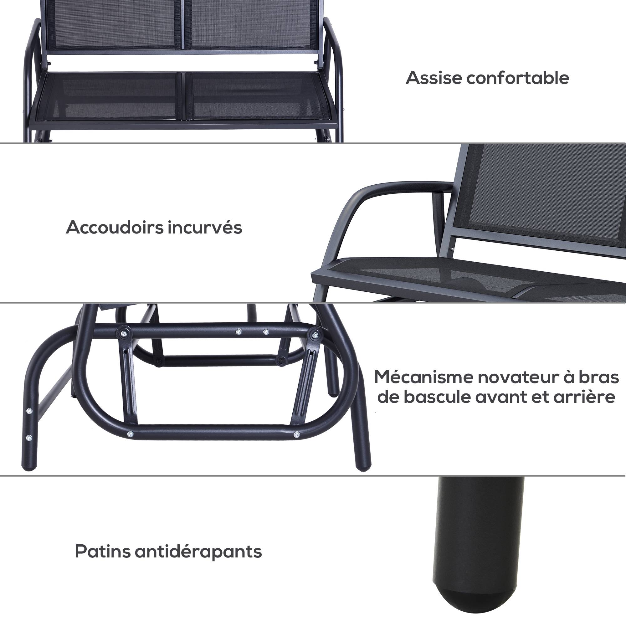 Banc à Bascule de Jardin 2 Places Design Contemporain Grand Confort accoudoirs Assise et Dossier Ergonomique métal textilène Noir - Image 9