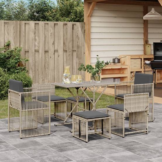 Ensemble de 7 pcs table de jardin et chaises avec coussins - mobilier de jardin gris clair rotin - Image 2