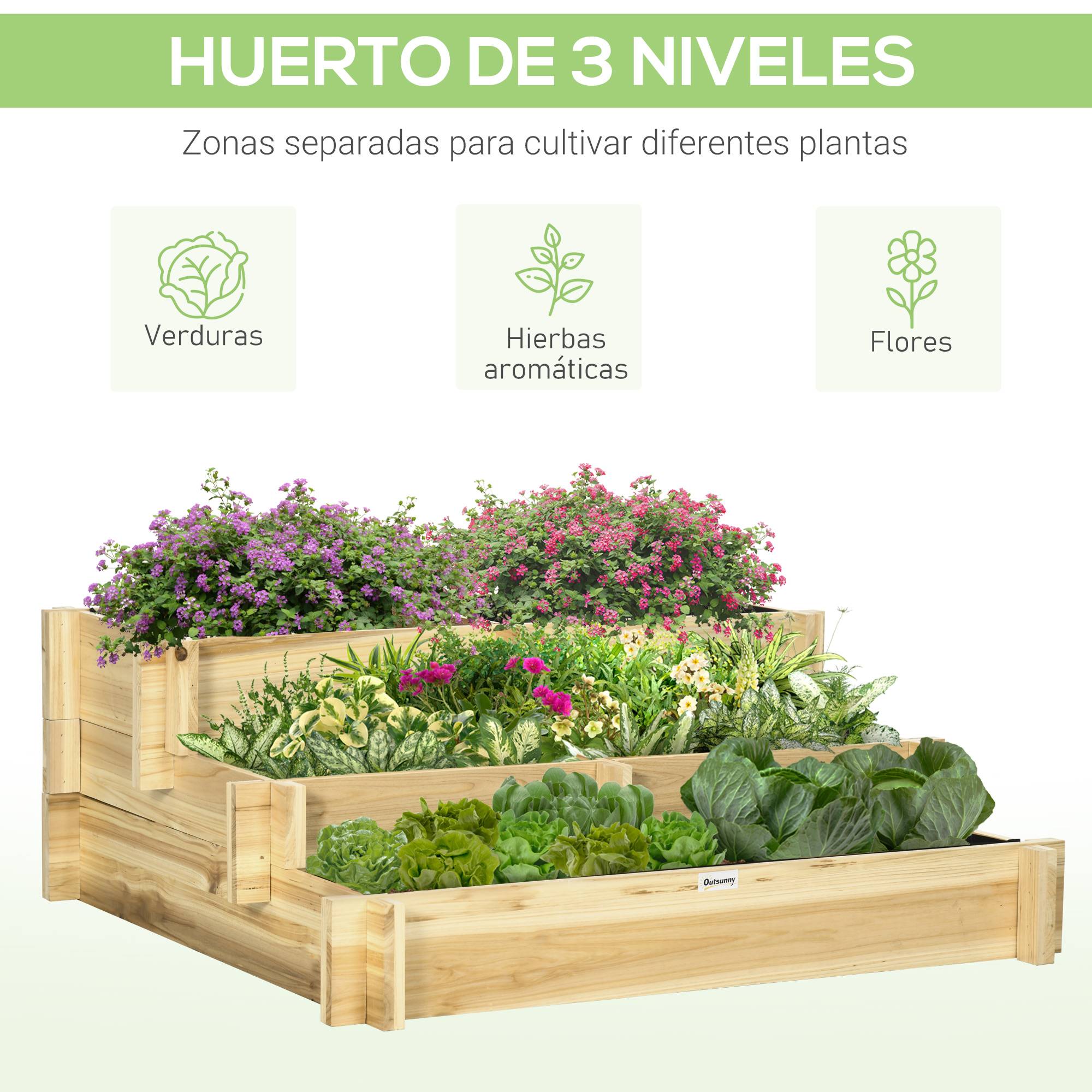 Potager surélevé à 3 niveaux avec échelle et revêtement en tissu non tissé pour la culture de plantes et de fleurs, 93 x 93 x 35 cm, naturel - Image 6