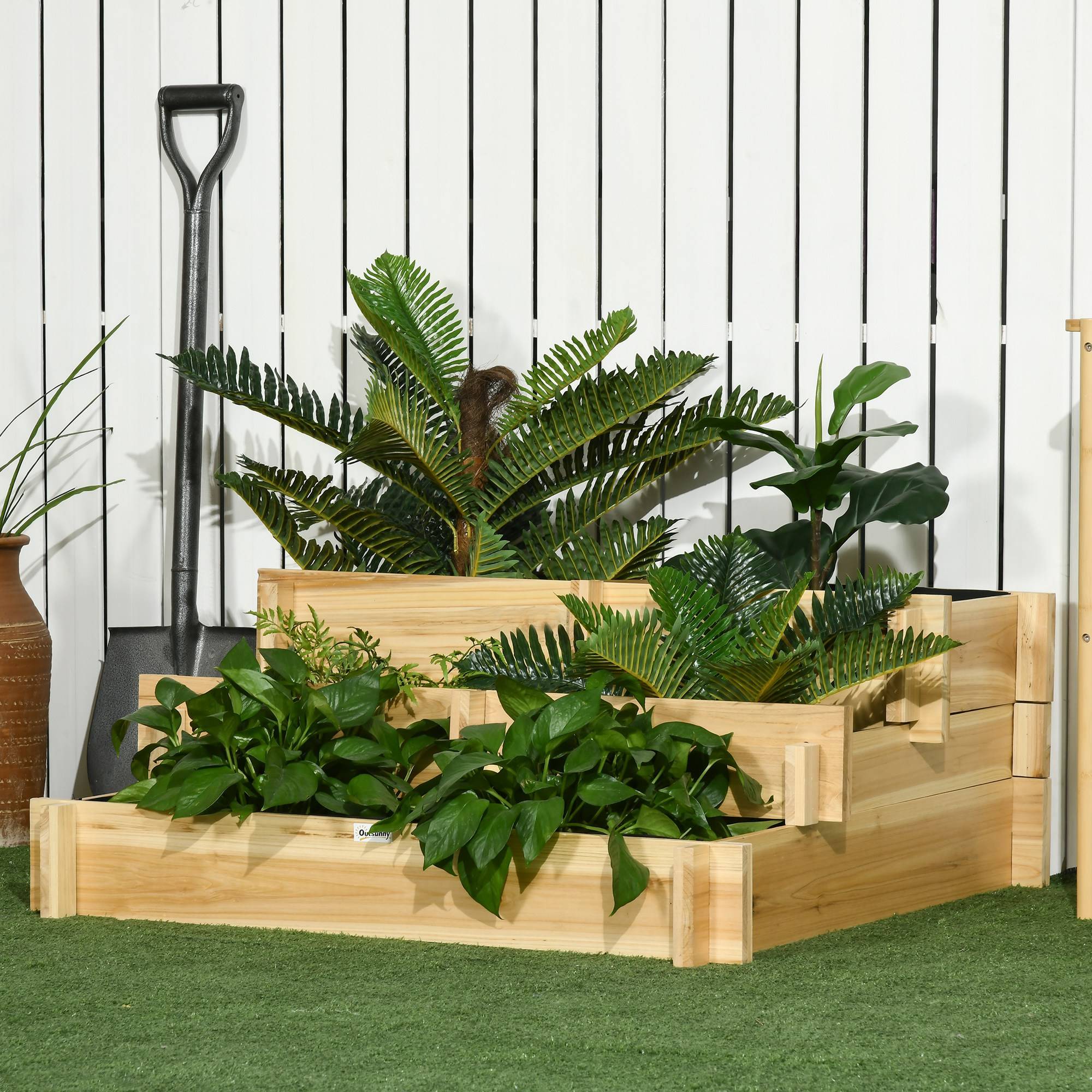 Potager surélevé à 3 niveaux avec échelle et revêtement en tissu non tissé pour la culture de plantes et de fleurs, 93 x 93 x 35 cm, naturel - Image 4
