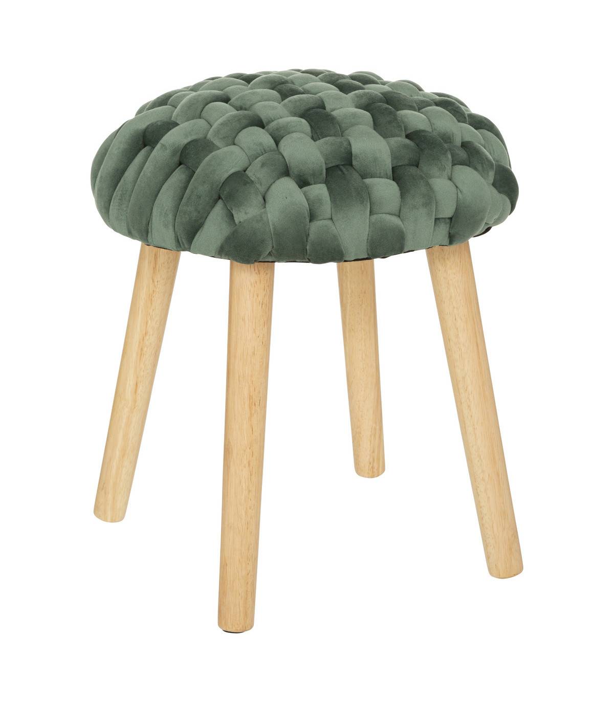 Tabouret pied en Bois et Assise Tricot Velours Vert Jade - Image 1