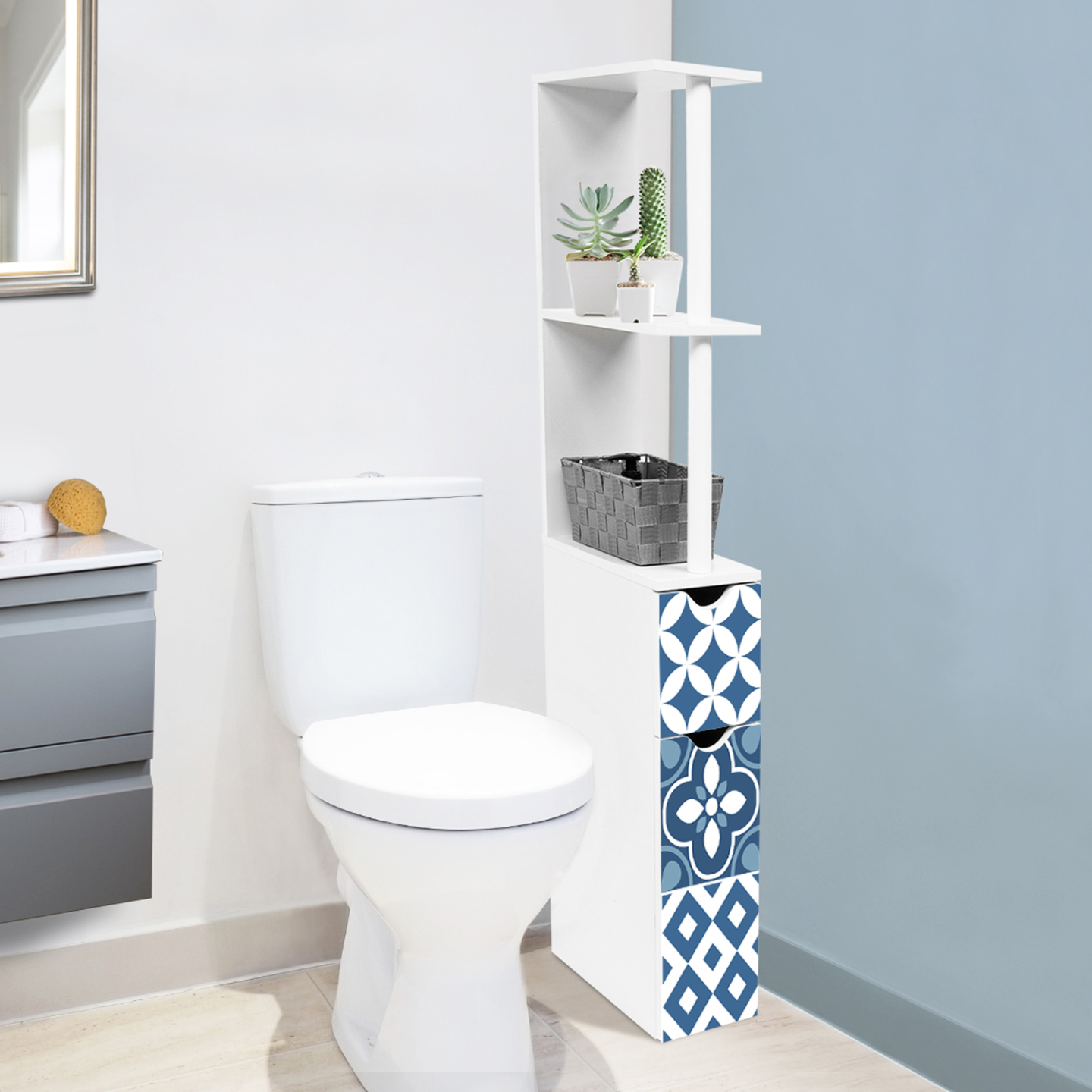 Meuble WC étagère bois WILLY 2 portes blanc et motif carreaux de ciment bleu - Image 2