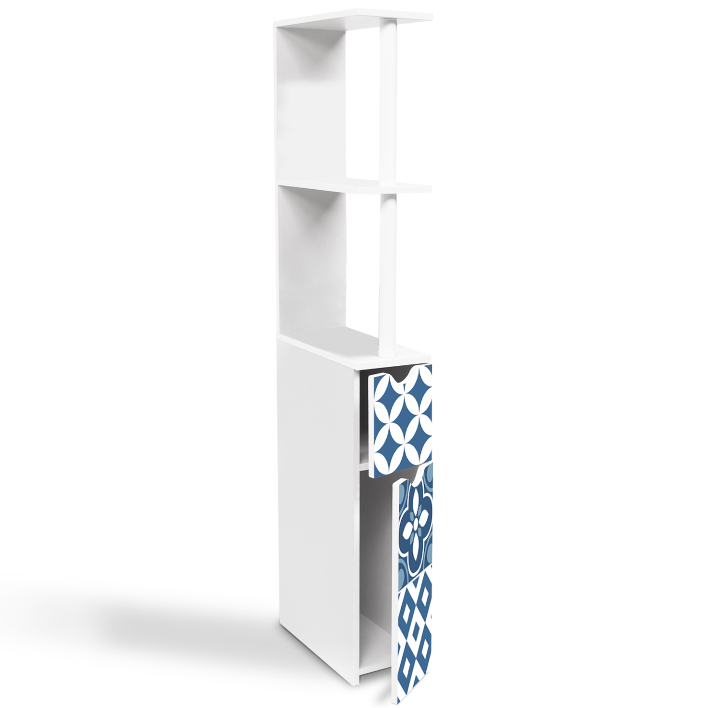Meuble WC étagère bois WILLY 2 portes blanc et motif carreaux de ciment bleu - Image 4