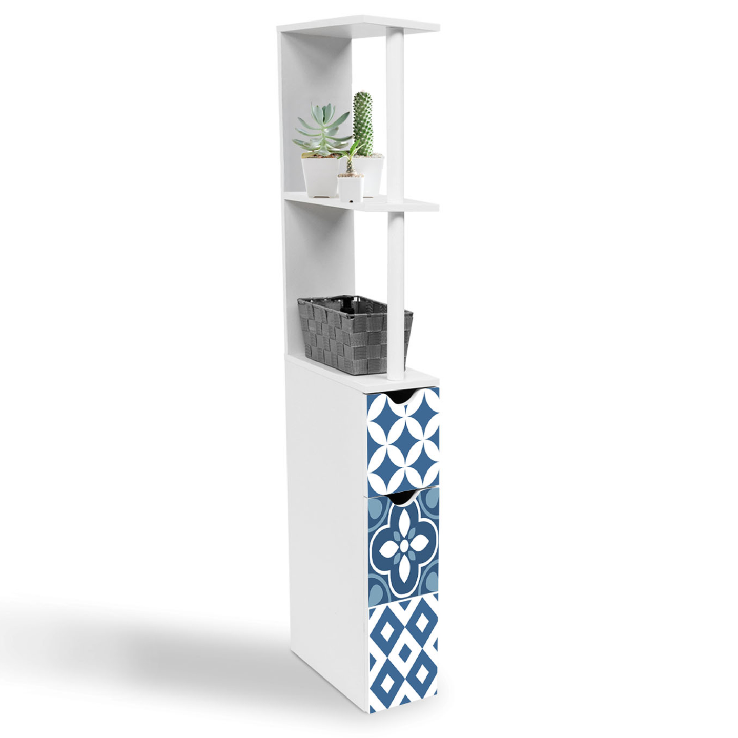 Meuble WC étagère bois WILLY 2 portes blanc et motif carreaux de ciment bleu - Image 3