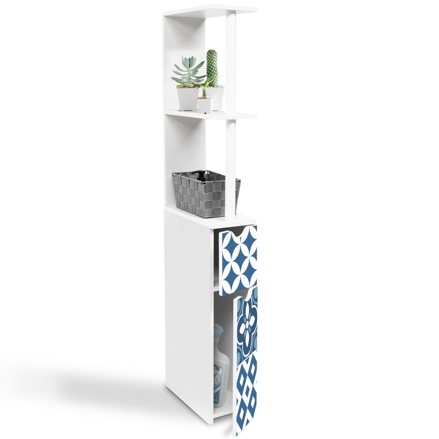 Meuble WC étagère bois WILLY 2 portes blanc et motif carreaux de ciment bleu - Image 1