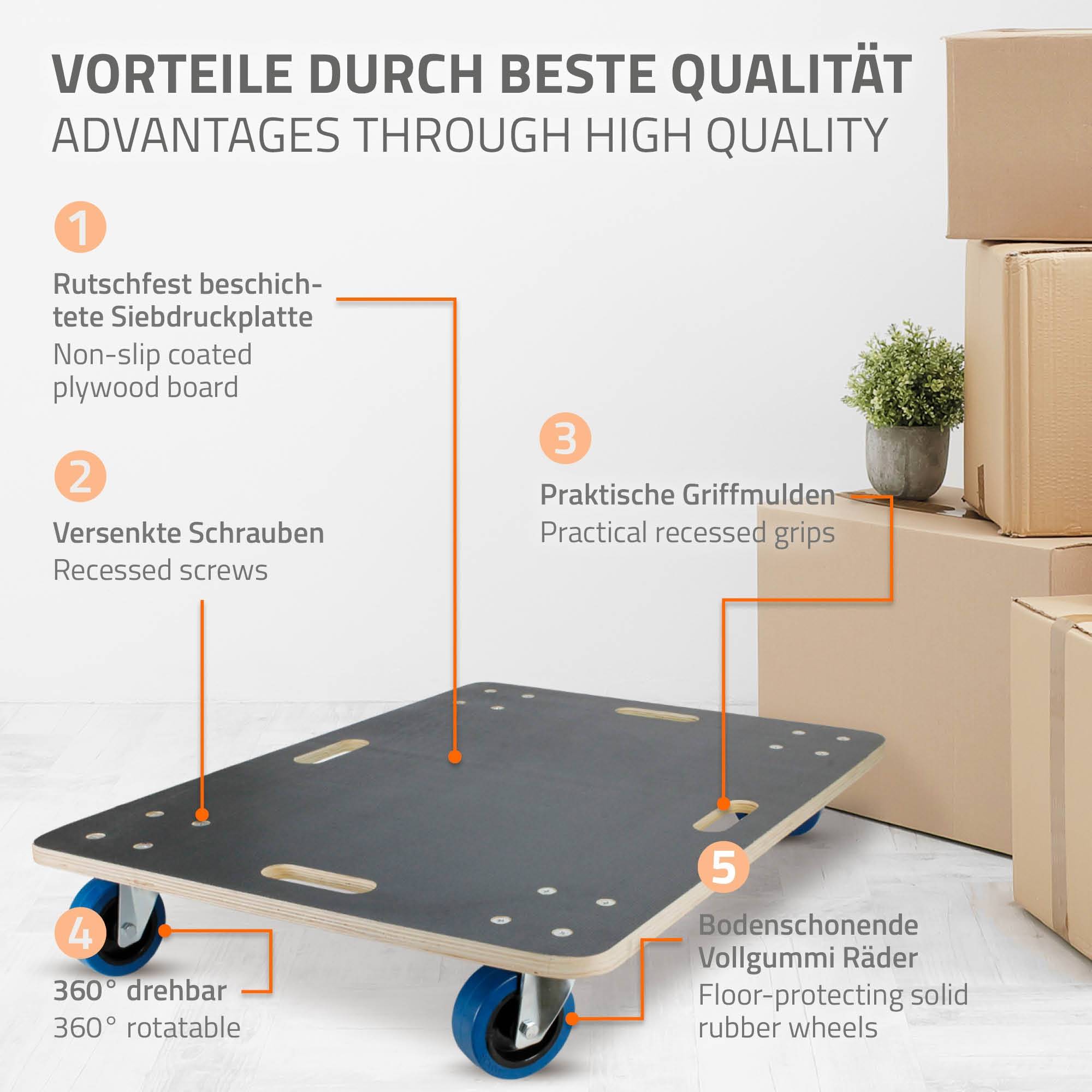 Chariot de transport 60x80 cm capacité 800 kg plateau roulant contreplaqué surface antidérapante roulettes en PP idéal pour meubles et déménagement - Image 3
