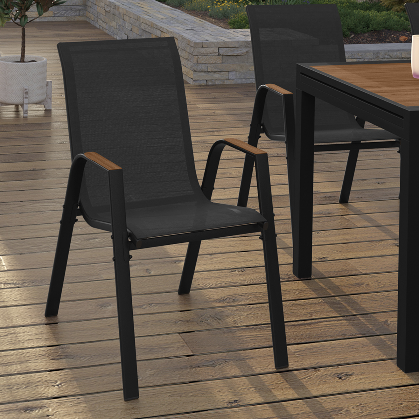 Lot de 6 chaises de jardin NOUMEA métal et textilène empilables noir et bois - Image 1