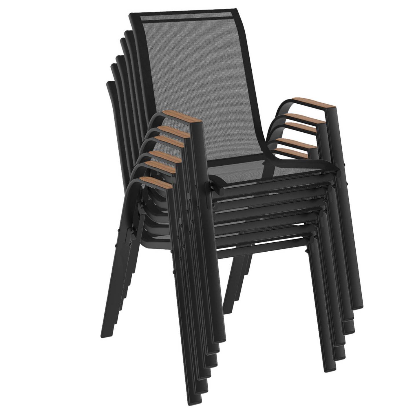 Lot de 6 chaises de jardin NOUMEA métal et textilène empilables noir et bois - Image 4