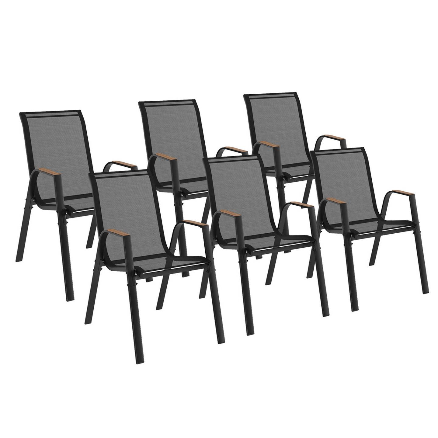 Lot de 6 chaises de jardin NOUMEA métal et textilène empilables noir et bois - Image 2