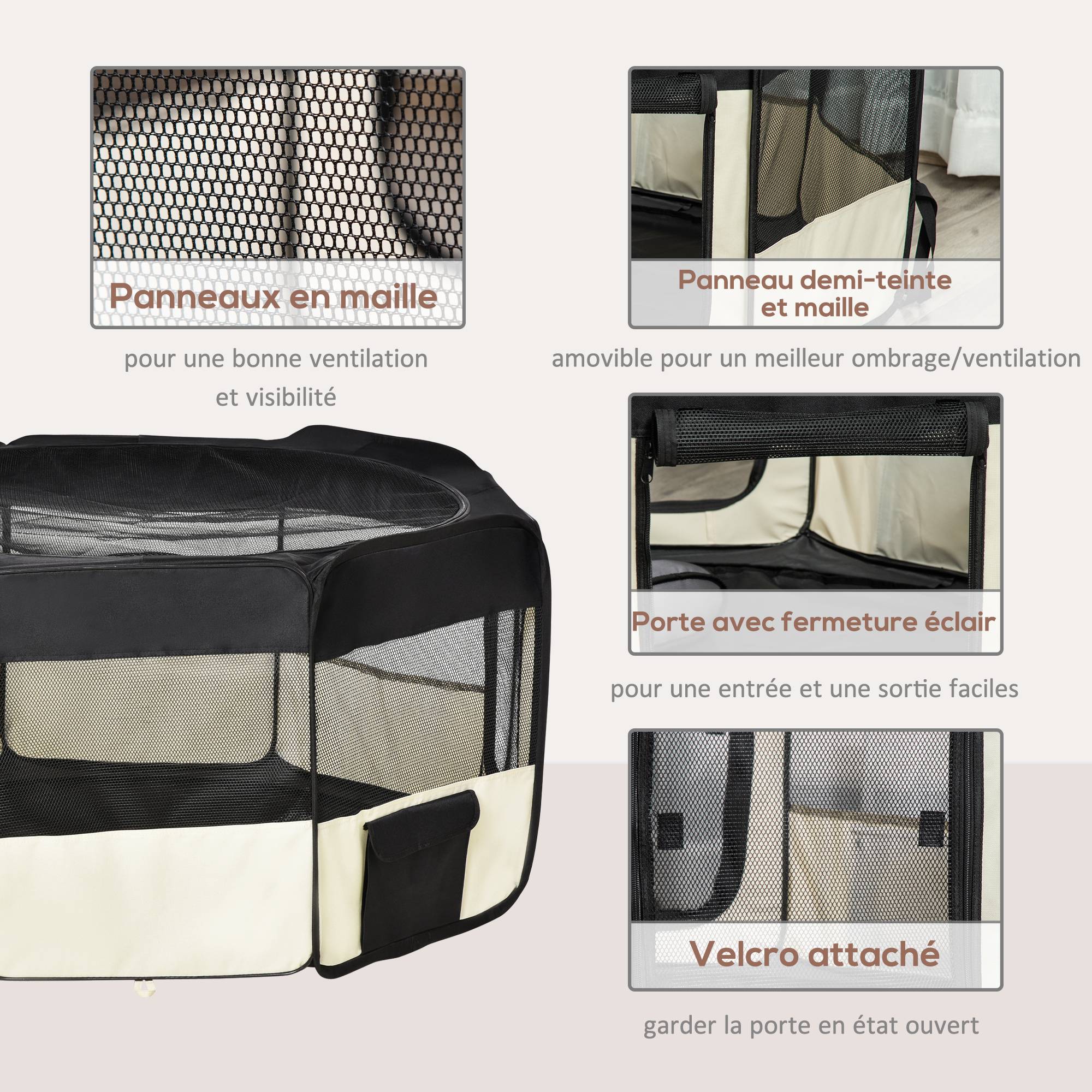 Parc enclos pliable pour chien chat petits animaux octogonal en tissu Oxford et acier - Ø 120 x 58H cm - noir et crème - Image 8