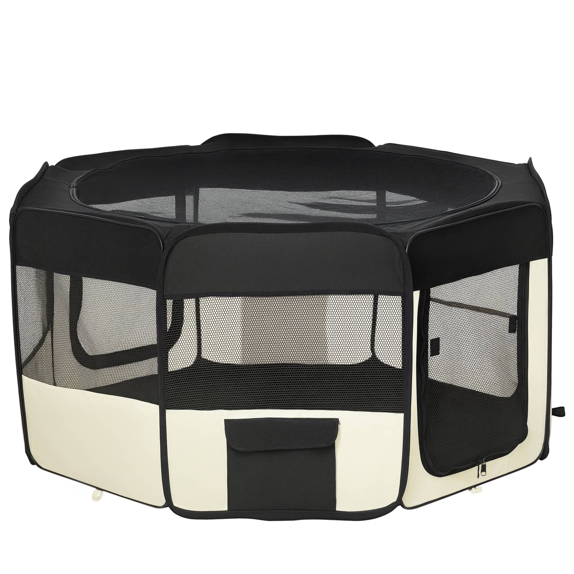 Parc enclos pliable pour chien chat petits animaux octogonal en tissu Oxford et acier - Ø 120 x 58H cm - noir et crème - Image 1