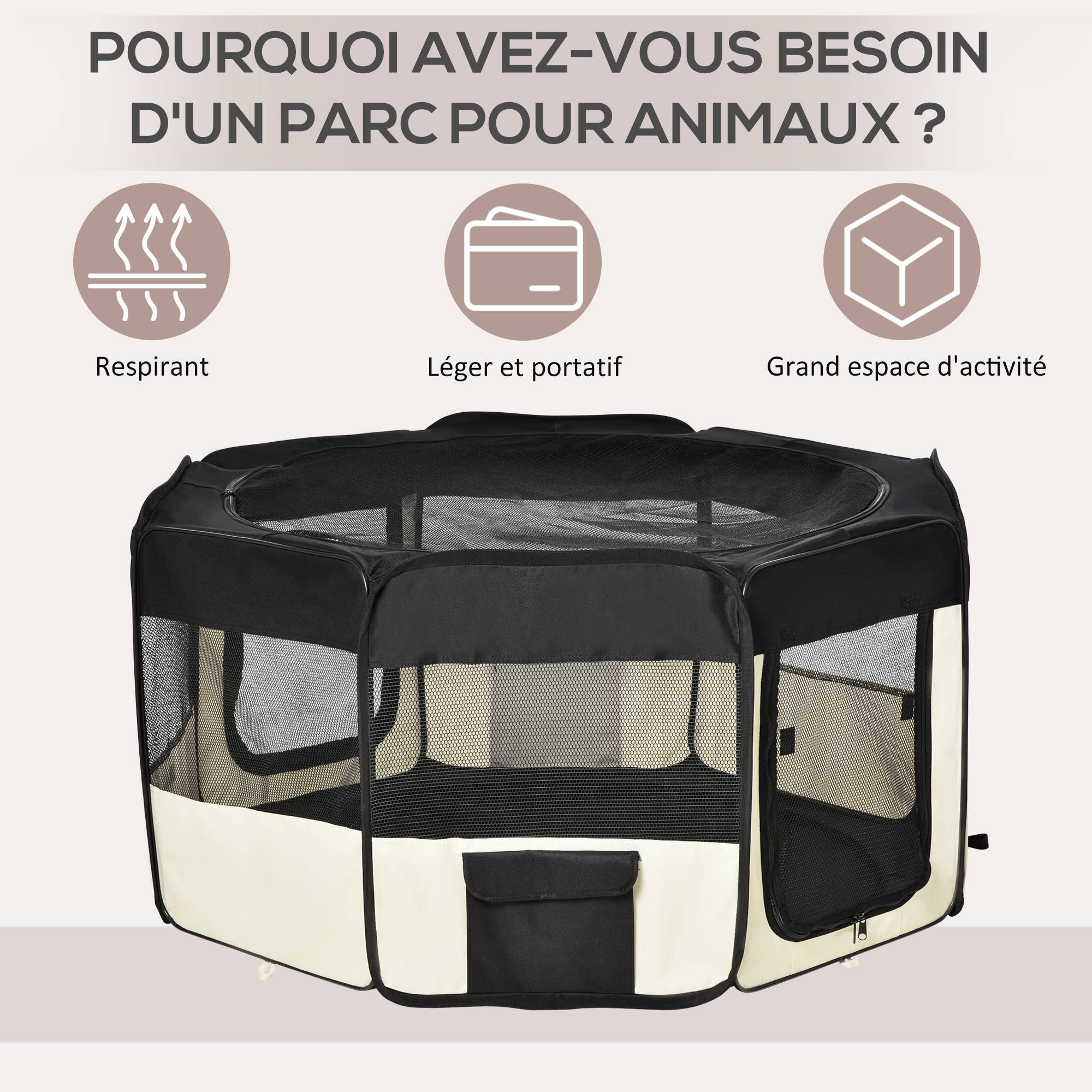 Parc enclos pliable pour chien chat petits animaux octogonal en tissu Oxford et acier - Ø 120 x 58H cm - noir et crème - Image 6