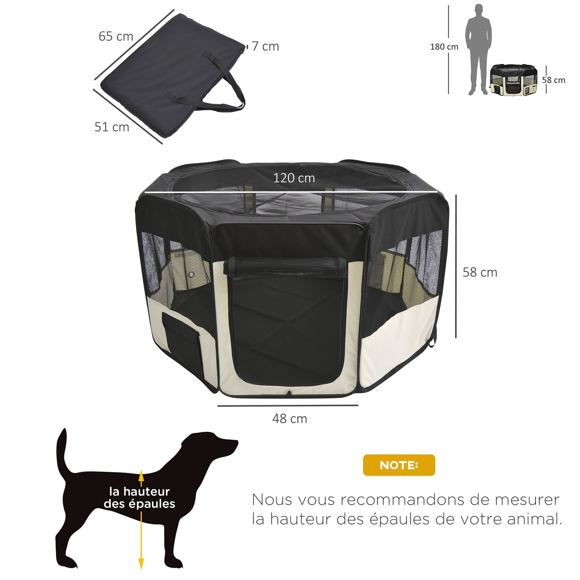 Parc enclos pliable pour chien chat petits animaux octogonal en tissu Oxford et acier - Ø 120 x 58H cm - noir et crème - Image 5