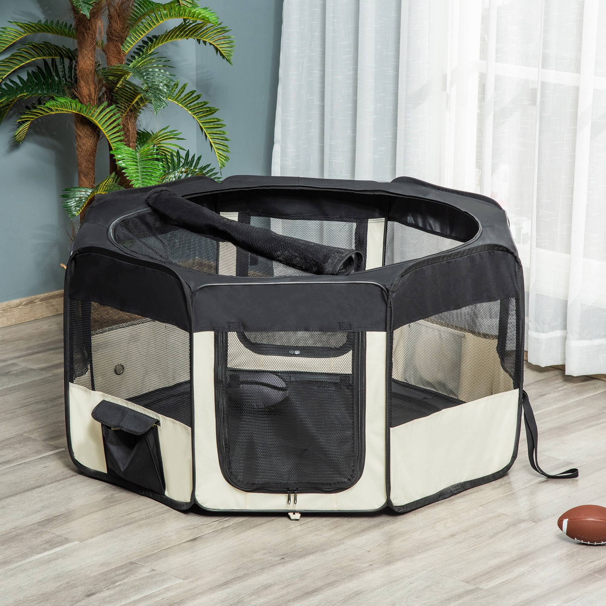 Parc enclos pliable pour chien chat petits animaux octogonal en tissu Oxford et acier - Ø 120 x 58H cm - noir et crème - Image 4