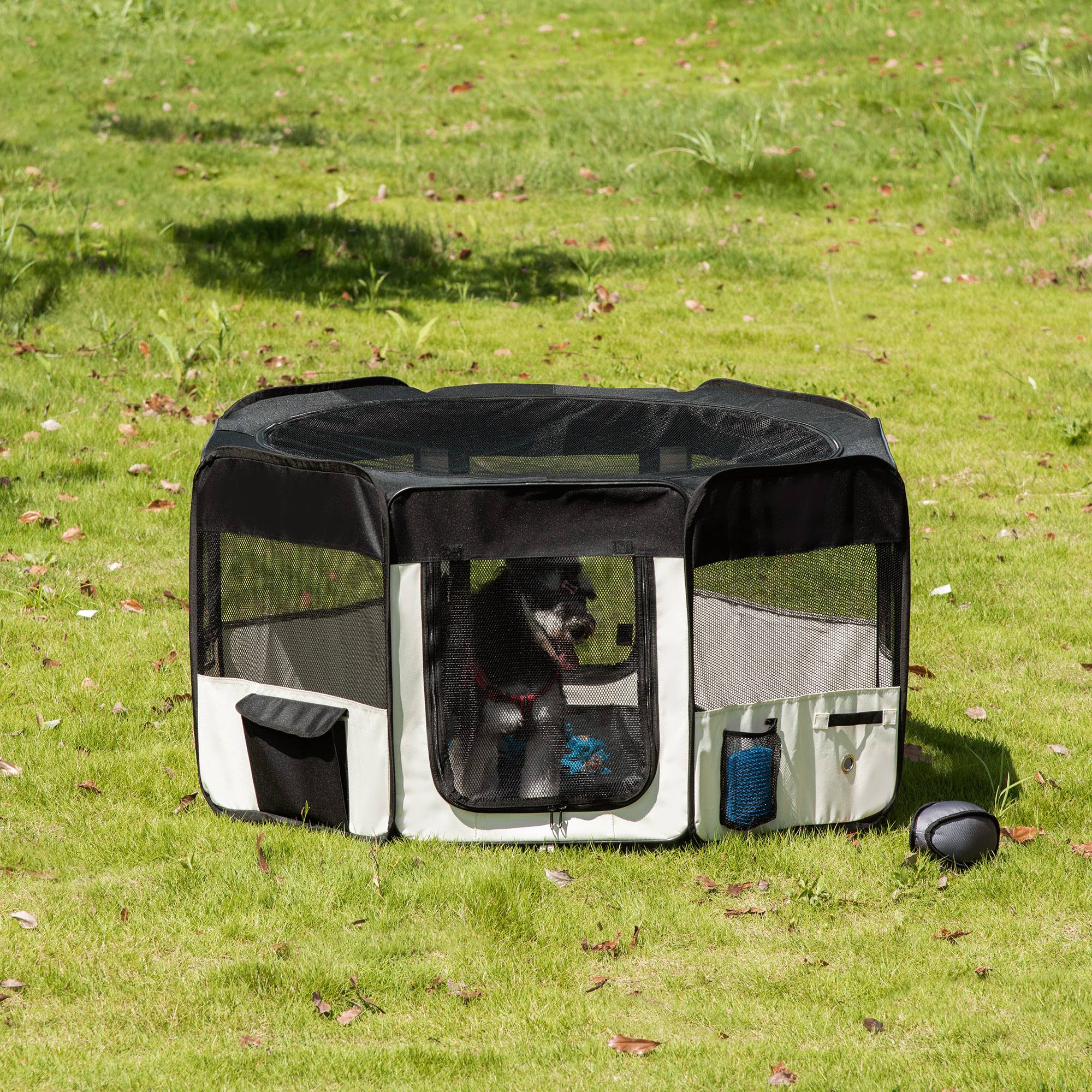 Parc enclos pliable pour chien chat petits animaux octogonal en tissu Oxford et acier - Ø 120 x 58H cm - noir et crème - Image 3