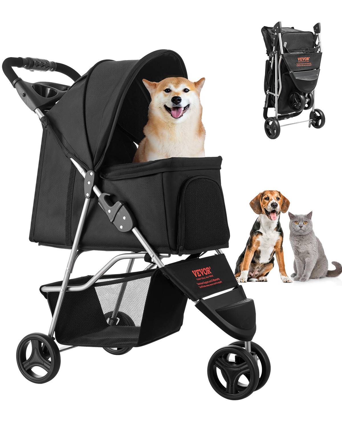 Vevor - VEVOR Poussette chien pliable 16kg, 3 roues, freins arrière, fenêtres maille, petit - Image 1