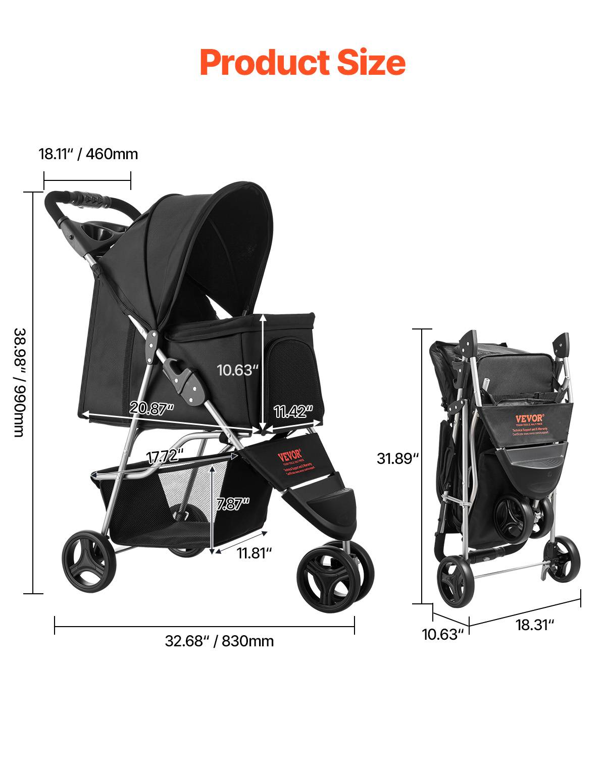 Vevor - VEVOR Poussette chien pliable 16kg, 3 roues, freins arrière, fenêtres maille, petit - Image 2