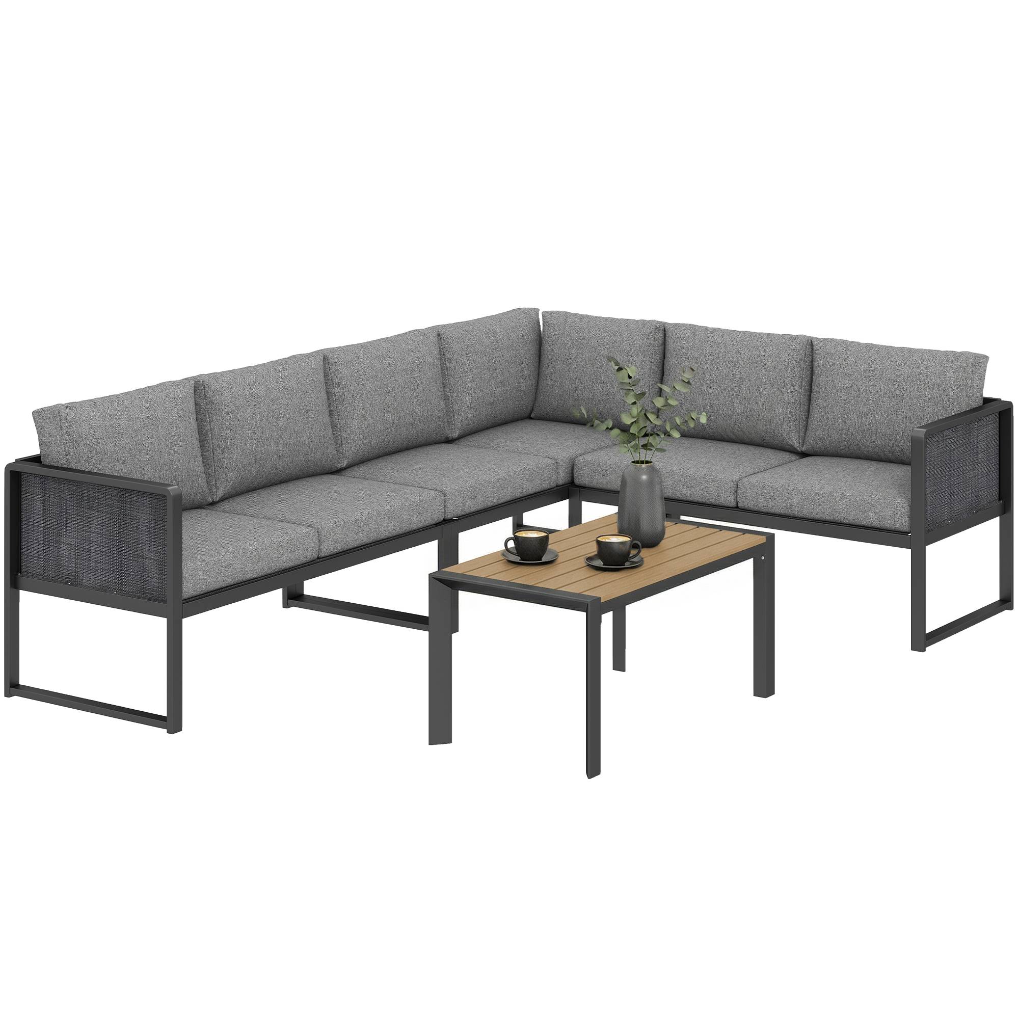 Salon de jardin extérieur d'angle modulable 6 personnes, canapés, table basse et coussins, gris foncé