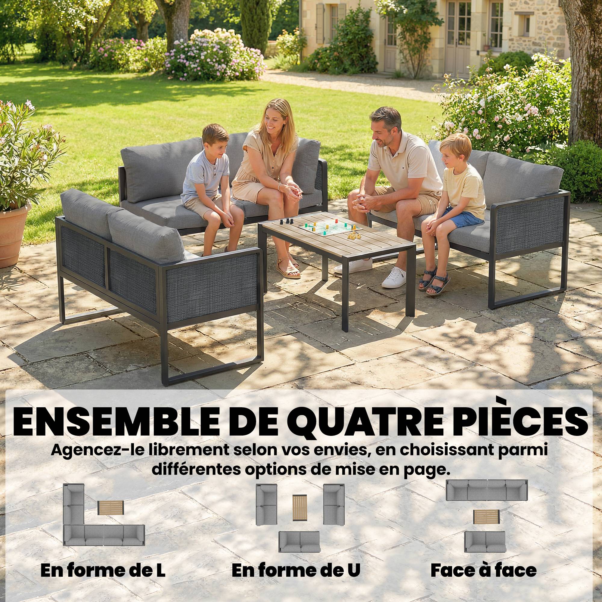 Salon de jardin extérieur d'angle modulable 6 personnes, canapés, table basse et coussins, gris foncé - Image 6