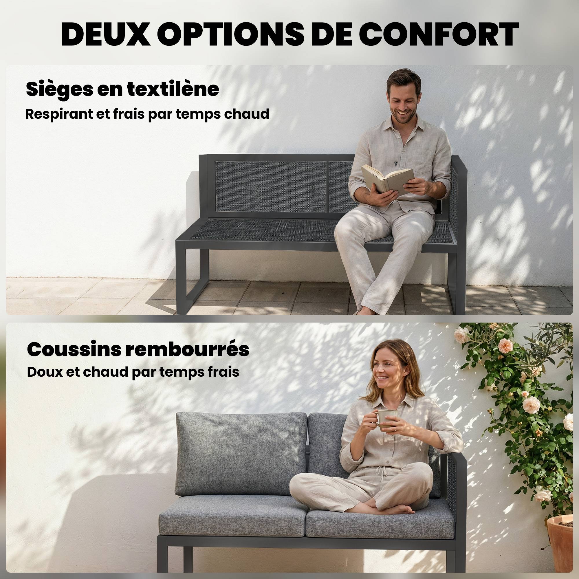 Salon de jardin extérieur d'angle modulable 6 personnes, canapés, table basse et coussins, gris foncé - Image 8