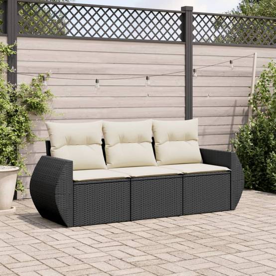 Salon de jardin 3 pcs | Mobilier d'extérieur avec coussins noir résine tressée Maison Chic - Image 2