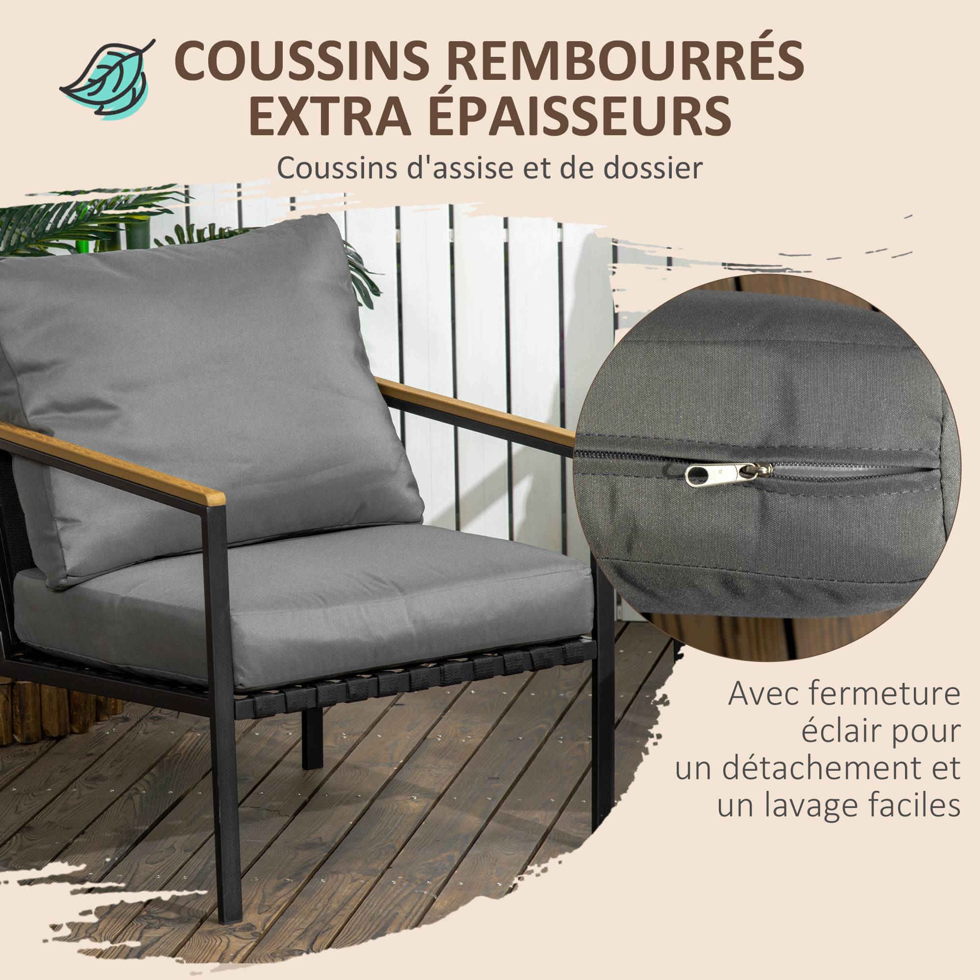 Outsunny - Ensemble salon de jardin design style colonial 4 places 4 pièces accoudoirs plateau aspect bois acier noir polyester gris - Outsunny - Image 5