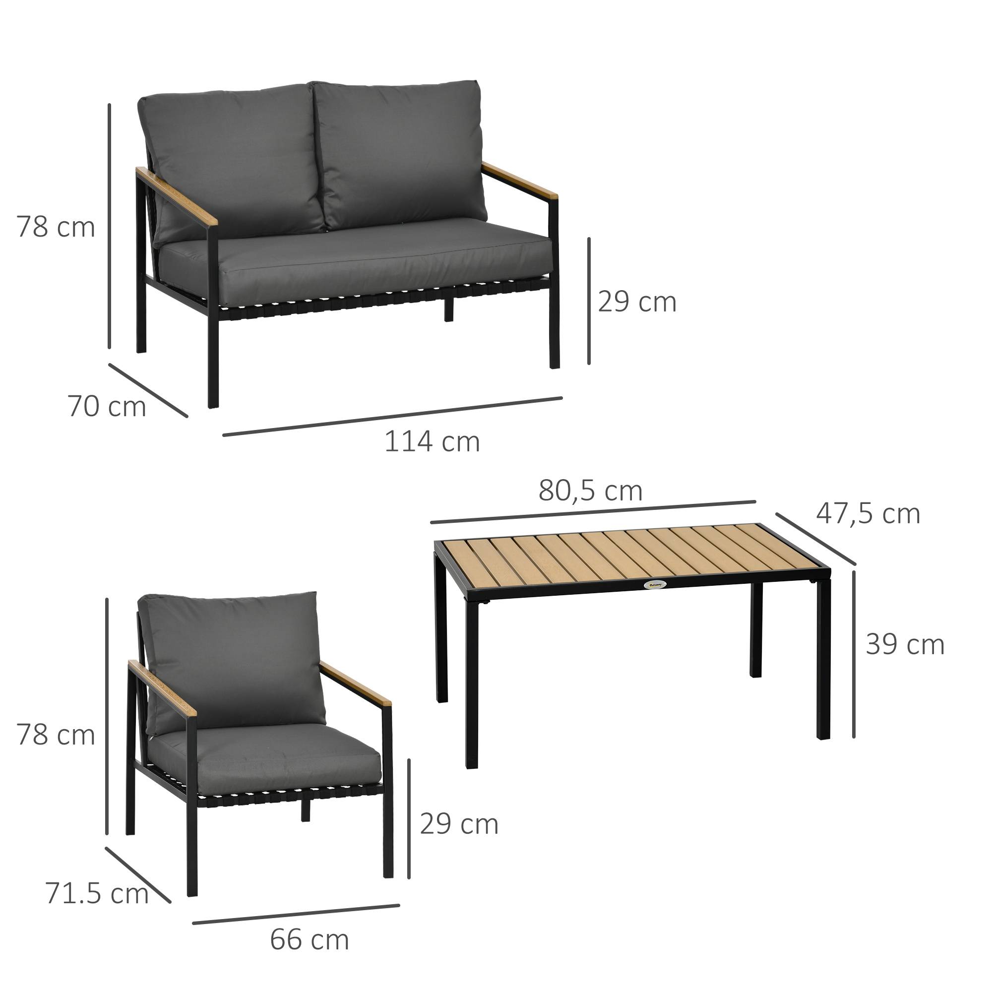 Outsunny - Ensemble salon de jardin design style colonial 4 places 4 pièces accoudoirs plateau aspect bois acier noir polyester gris - Outsunny - Image 3