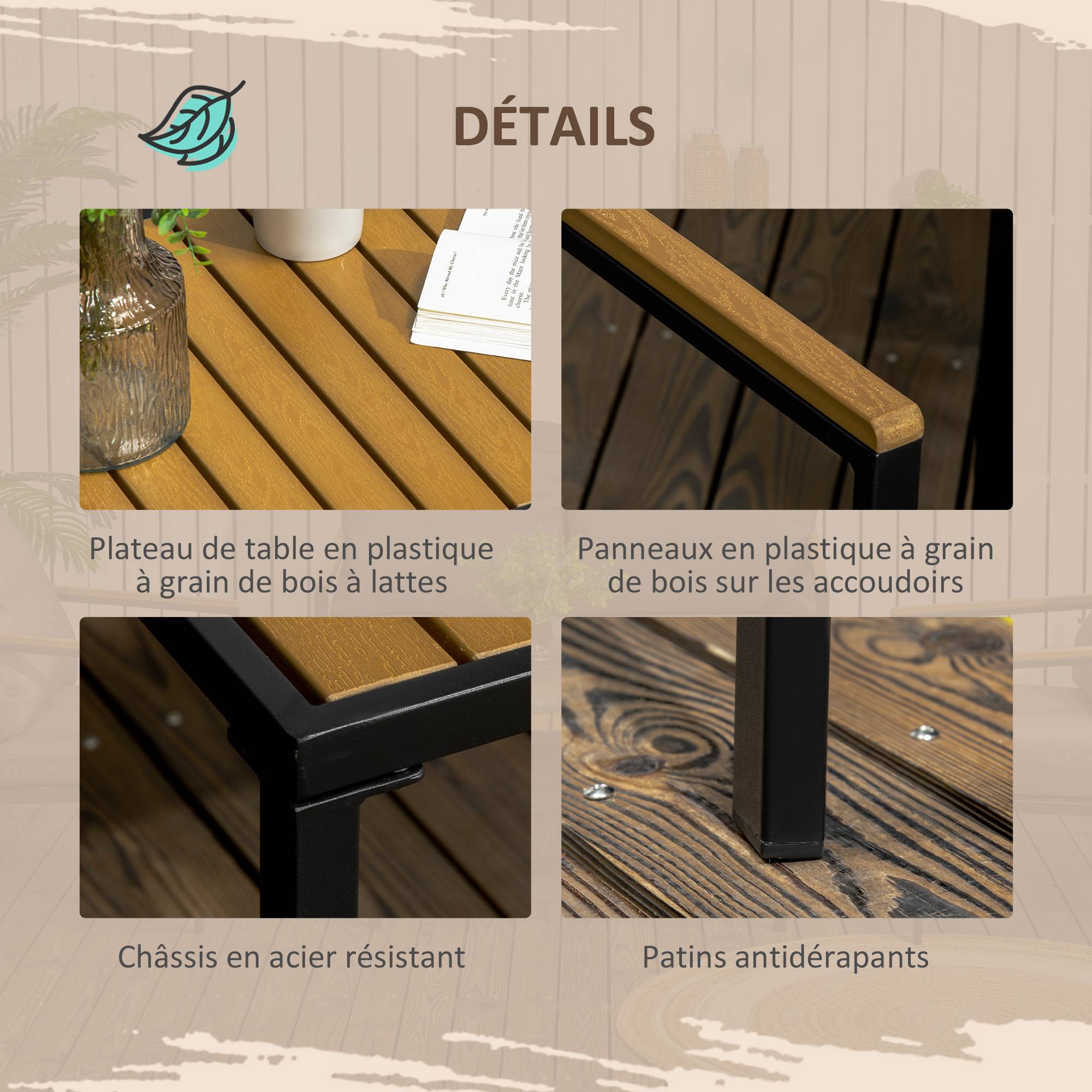 Outsunny - Ensemble salon de jardin design style colonial 4 places 4 pièces accoudoirs plateau aspect bois acier noir polyester gris - Outsunny - Image 6