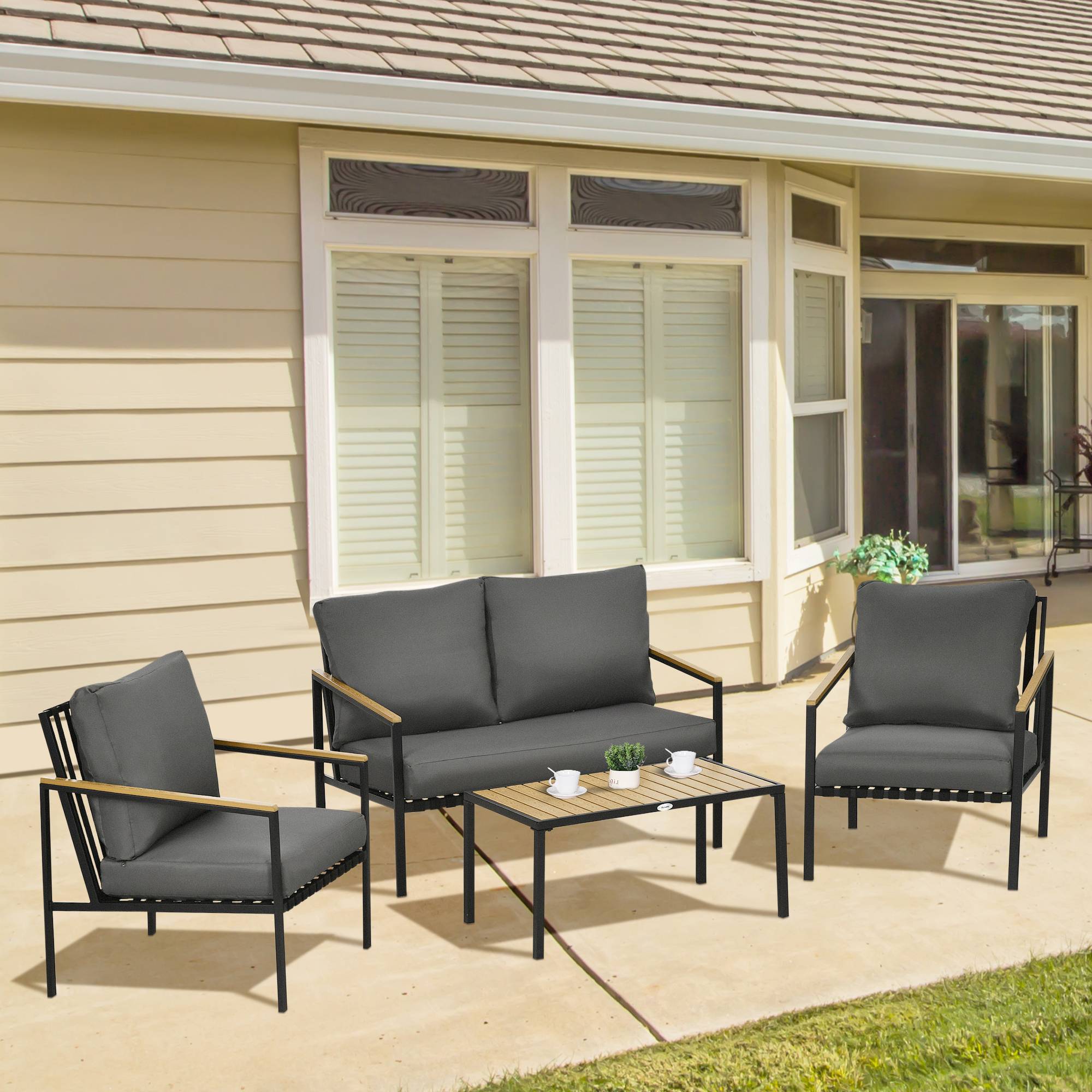 Outsunny - Ensemble salon de jardin design style colonial 4 places 4 pièces accoudoirs plateau aspect bois acier noir polyester gris - Outsunny - Image 2