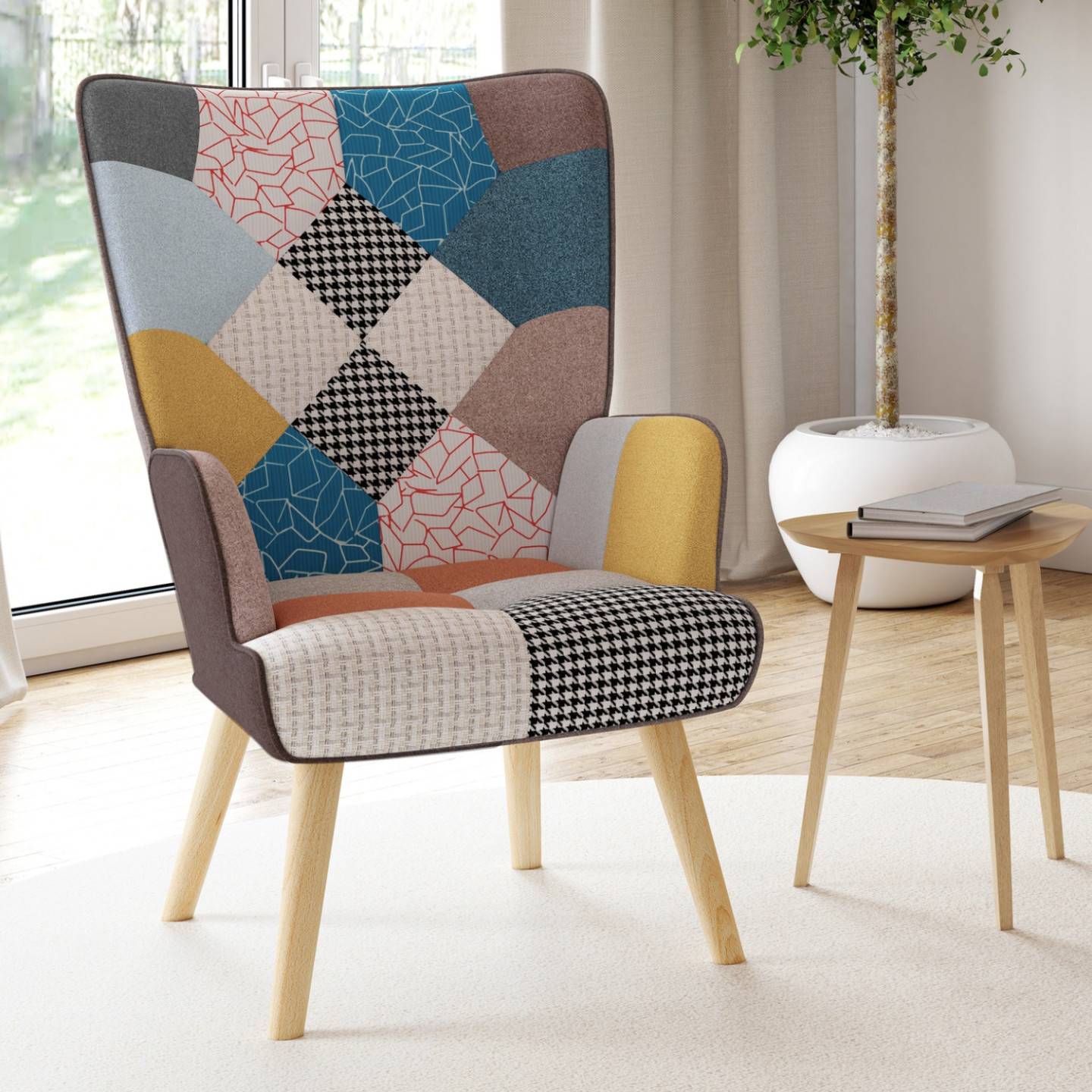 Fauteuil scandinave IVAR en tissu patchwork multicouleurs - Image 1