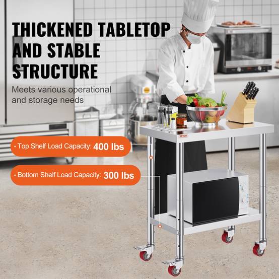 Vevor - VEVOR Table travail cuisine inox 76x46x86cm avec roulettes/freins, charge 100kg, pour hôtels, restaurants. - Image 3