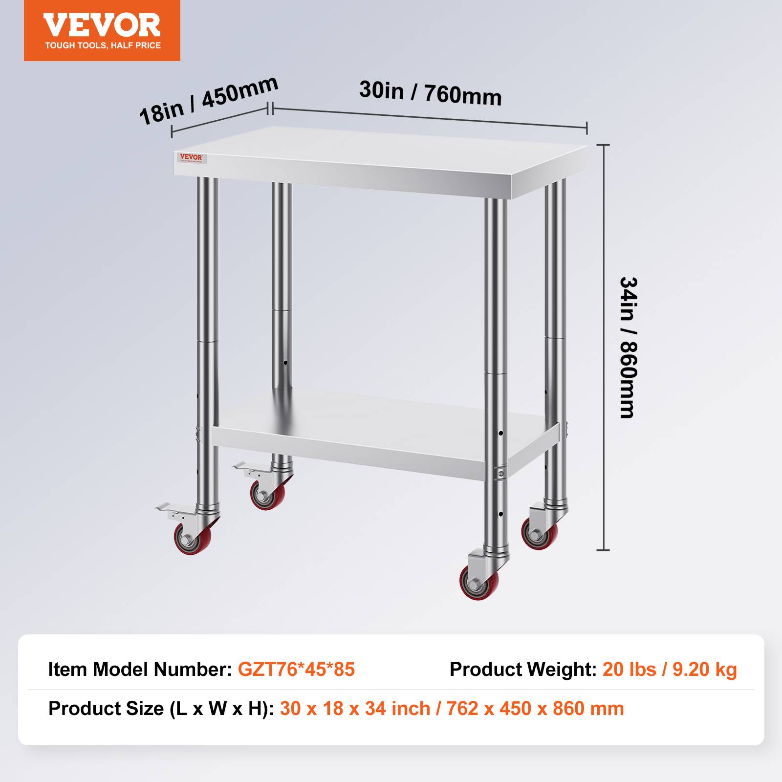 Vevor - VEVOR Table travail cuisine inox 76x46x86cm avec roulettes/freins, charge 100kg, pour hôtels, restaurants. - Image 7