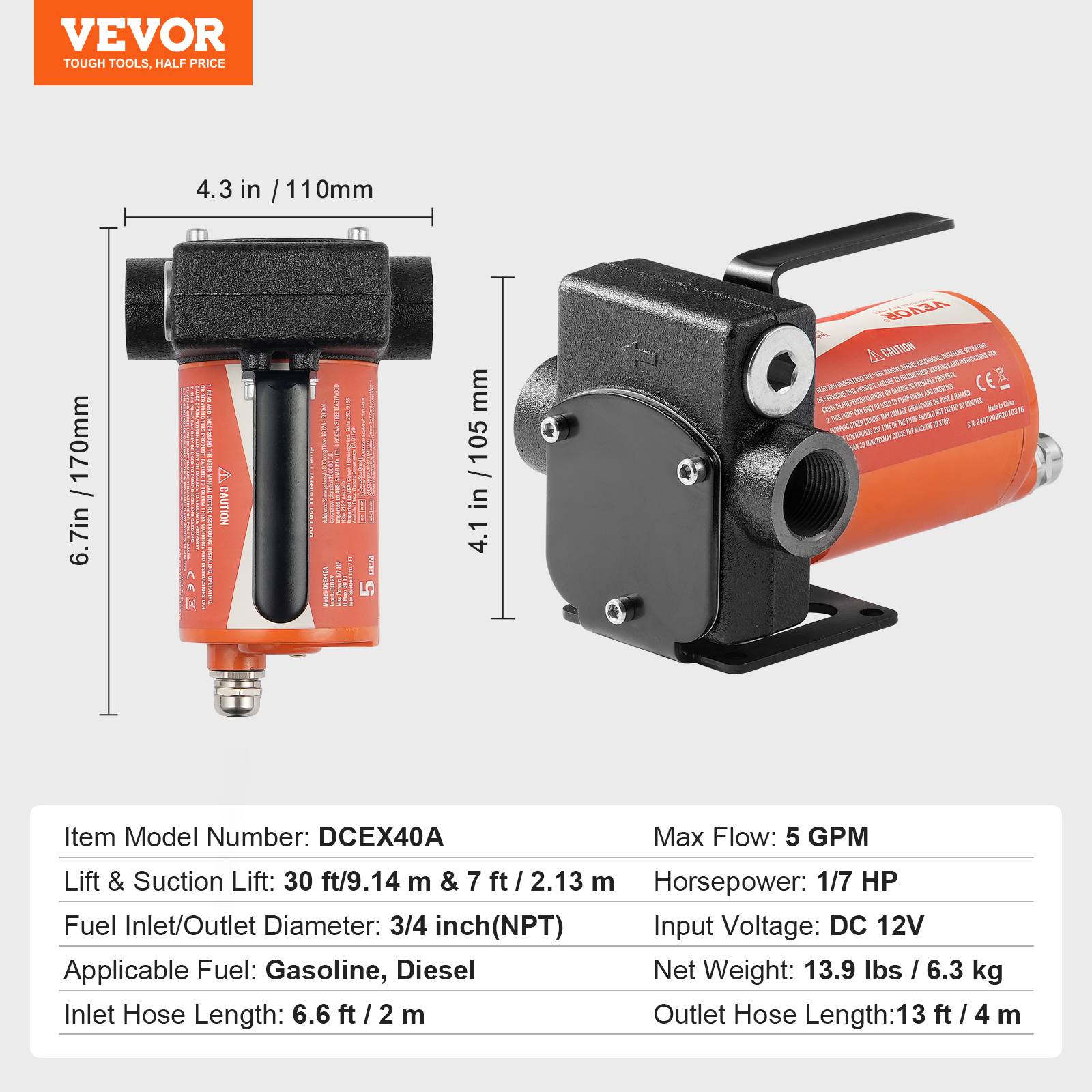 VEVOR Pompe de transfert 12V, 5.3 GPM, 1/10 HP, portable, buse auto-arrêt, multi-carburants. - Image 7