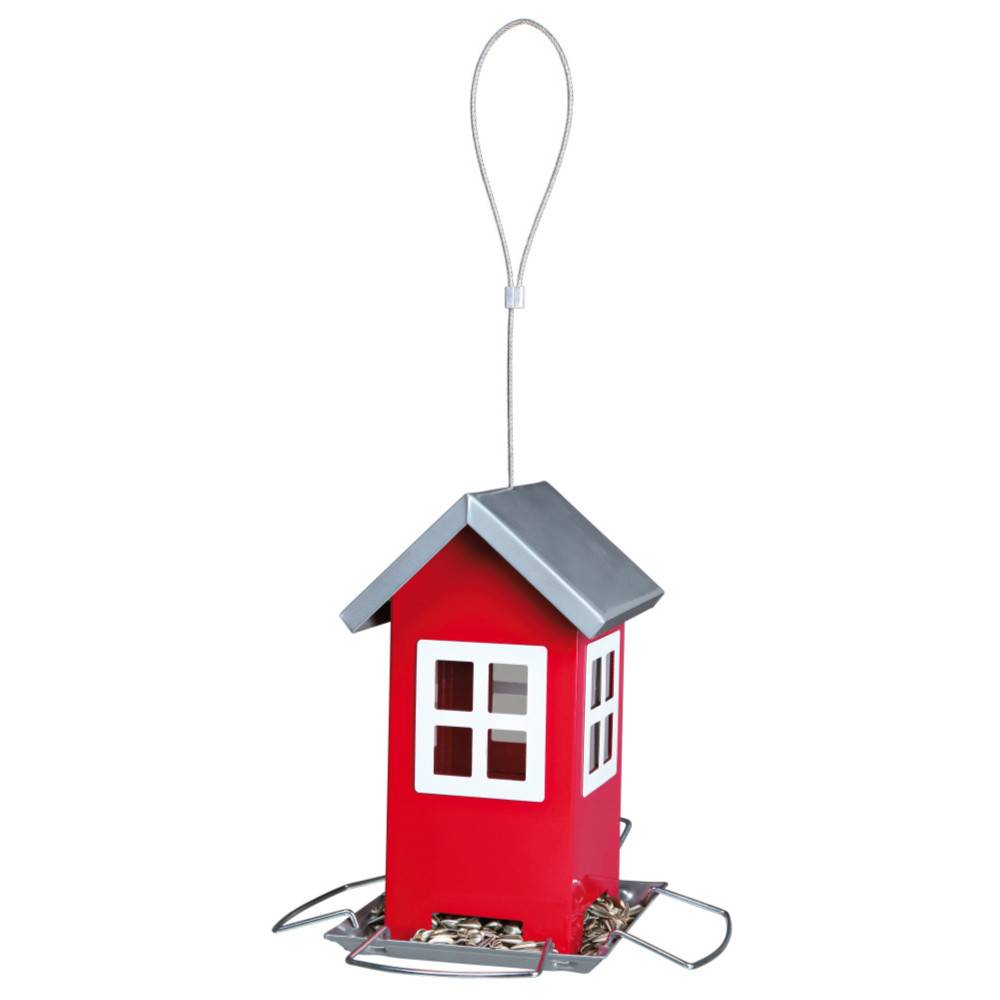 Mangeoire maisonnette rouge à suspendre hauteur 19 cm, pour graines oiseaux. - Image 1