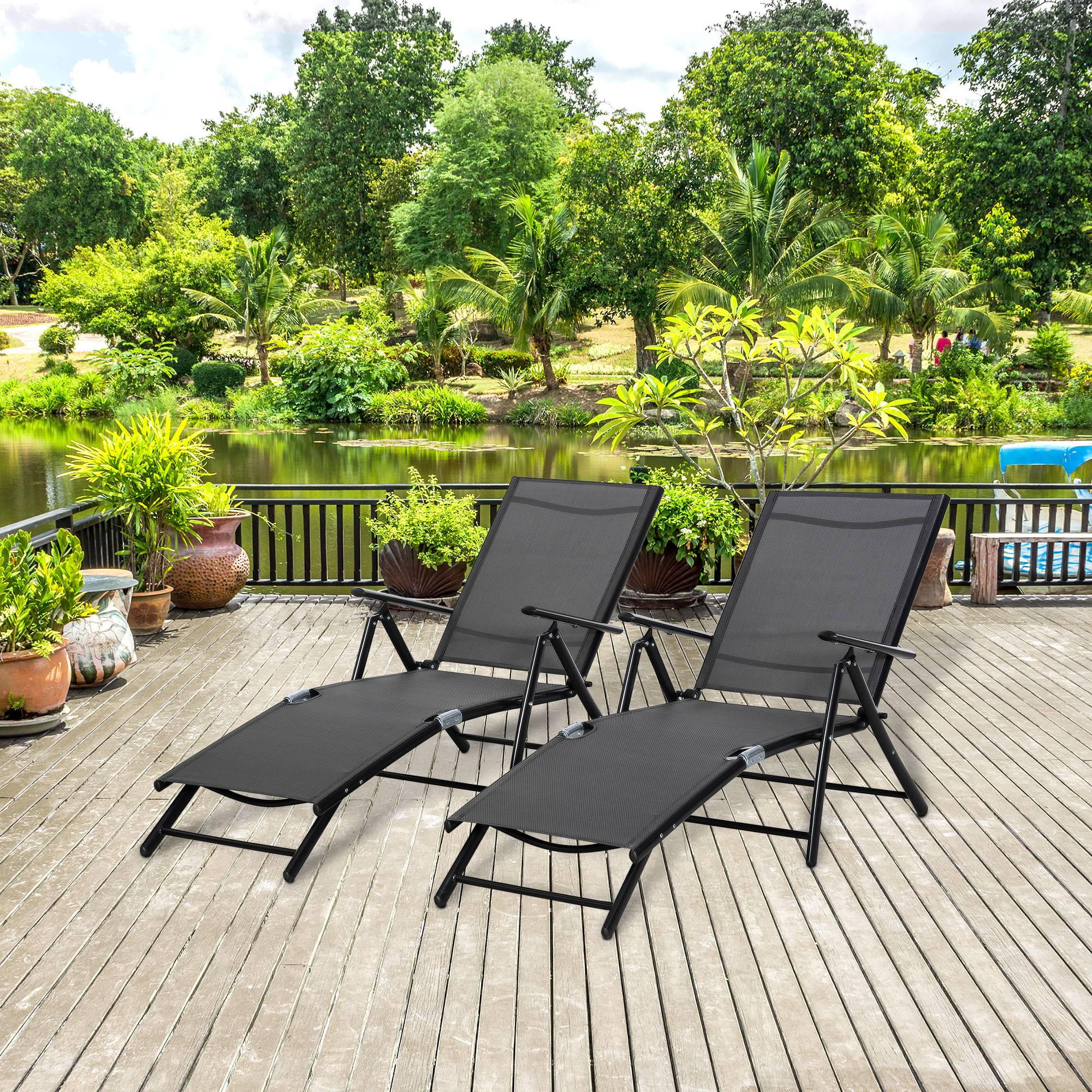 Lot de 2 bain de soleil, chaise longue pliante, dossier réglable - 64x134x95cm Aluminium Noir fr78 - Image 4