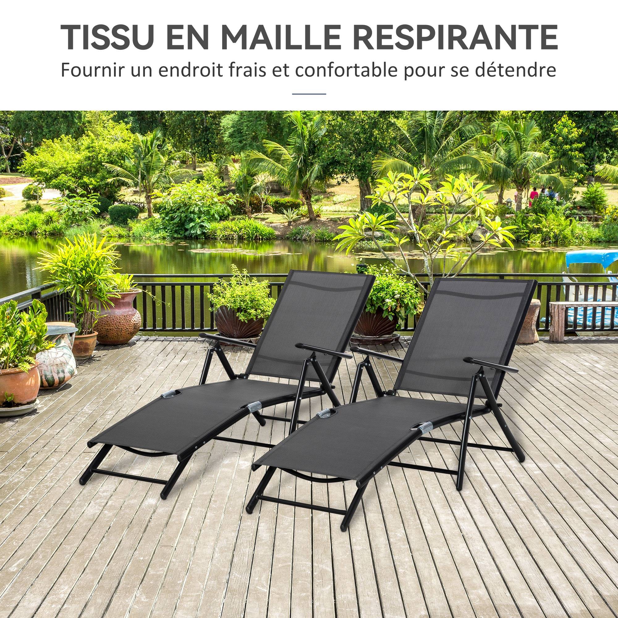 Lot de 2 bain de soleil, chaise longue pliante, dossier réglable - 64x134x95cm Aluminium Noir fr78 - Image 6